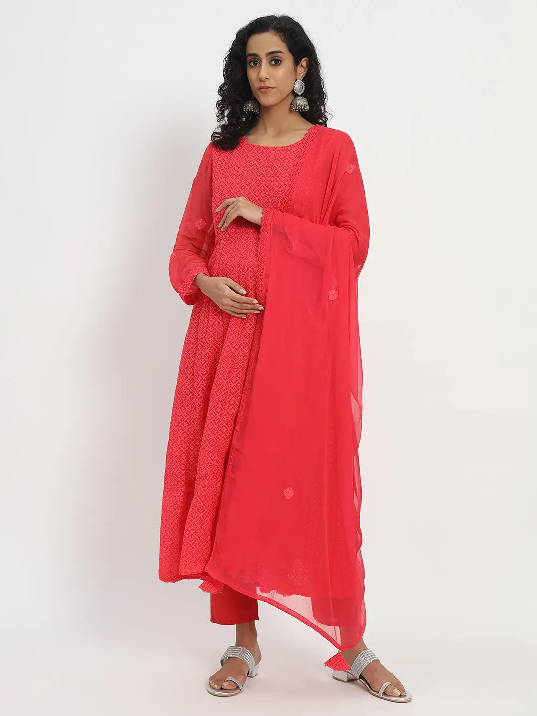 GEORGETTE CHIKANKARI ANARKALI SET WITH PANT AND DUPATTA FOR FEEDING AND MATERNITY PURPOSE mumzhug