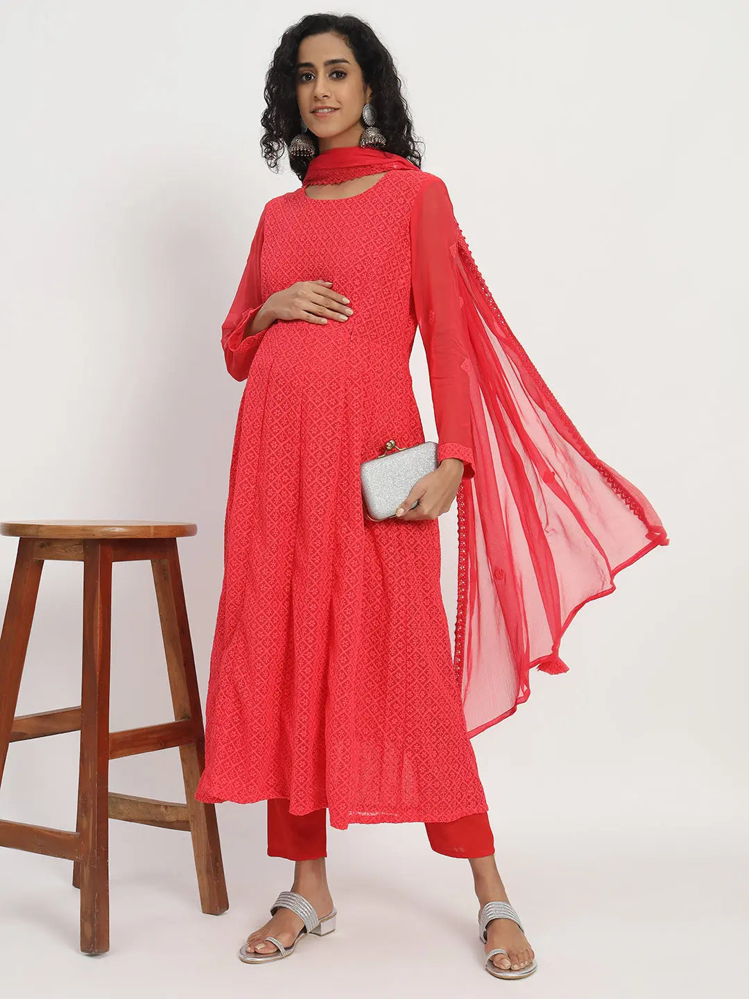 GEORGETTE CHIKANKARI ANARKALI SET WITH PANT AND DUPATTA FOR FEEDING AND MATERNITY PURPOSE mumzhug