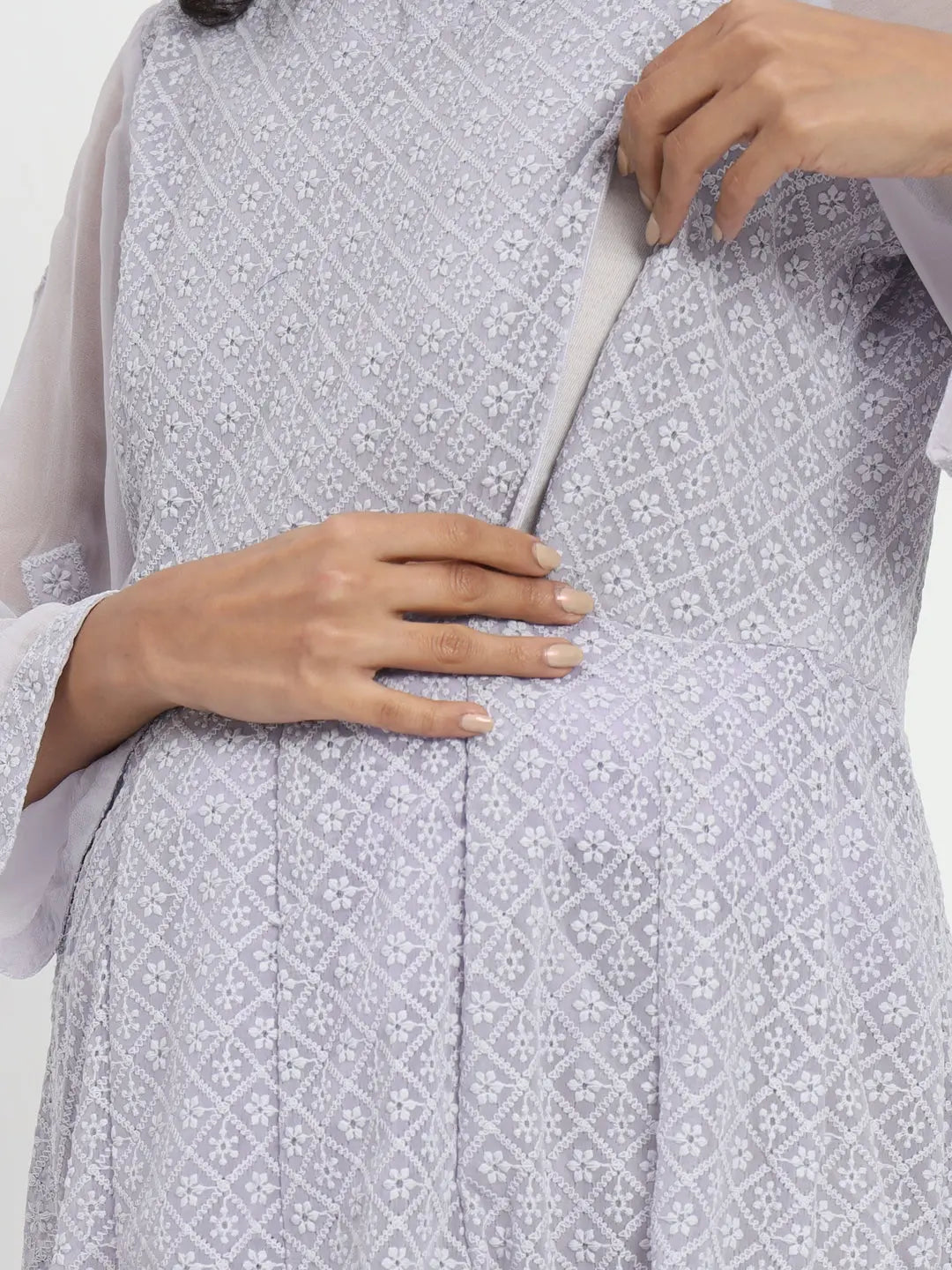 GEORGETTE CHIKANKARI ANARKALI SET WITH PANT AND DUPATTA FOR FEEDING AND MATERNITY PURPOSE mumzhug