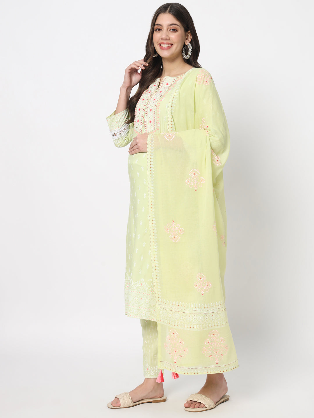Pista colored cotton embroidered kurta pant and dupatta set with feeding zippers