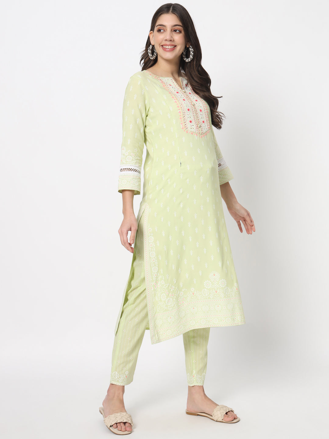 Pista colored cotton embroidered kurta pant and dupatta set with feeding zippers