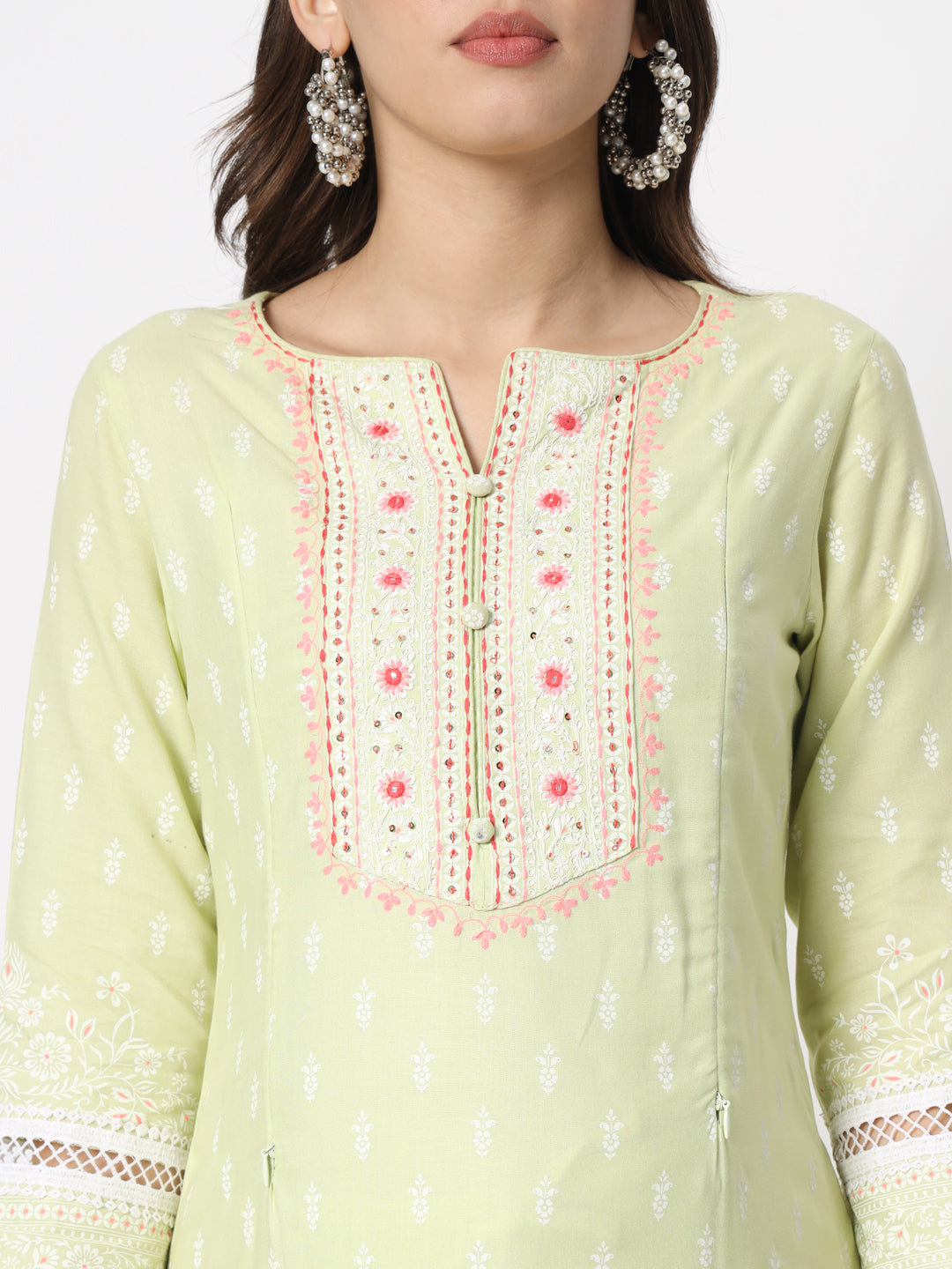 Pista colored cotton embroidered kurta pant and dupatta set with feeding zippers