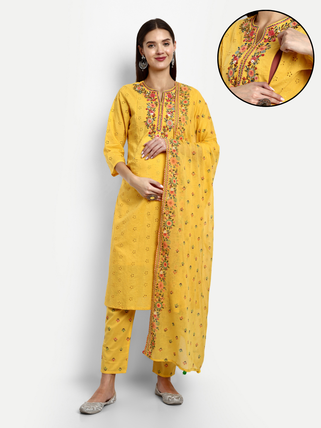 Yellow Pure Cotton Schiffli Embroidered Kurta Pant and Dupatta Set for Feeding and Maternity Purpose