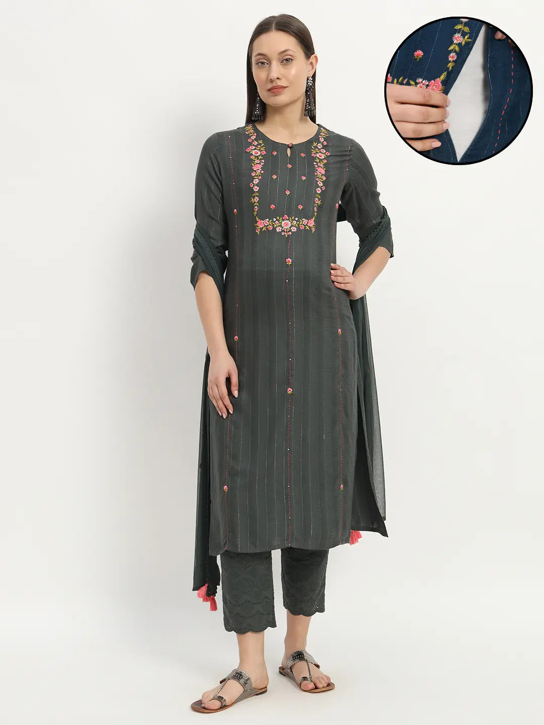 mumzhug Women Floral Embroidered Regular Thread Work Kurta with Trousers With Dupatta mumzhug