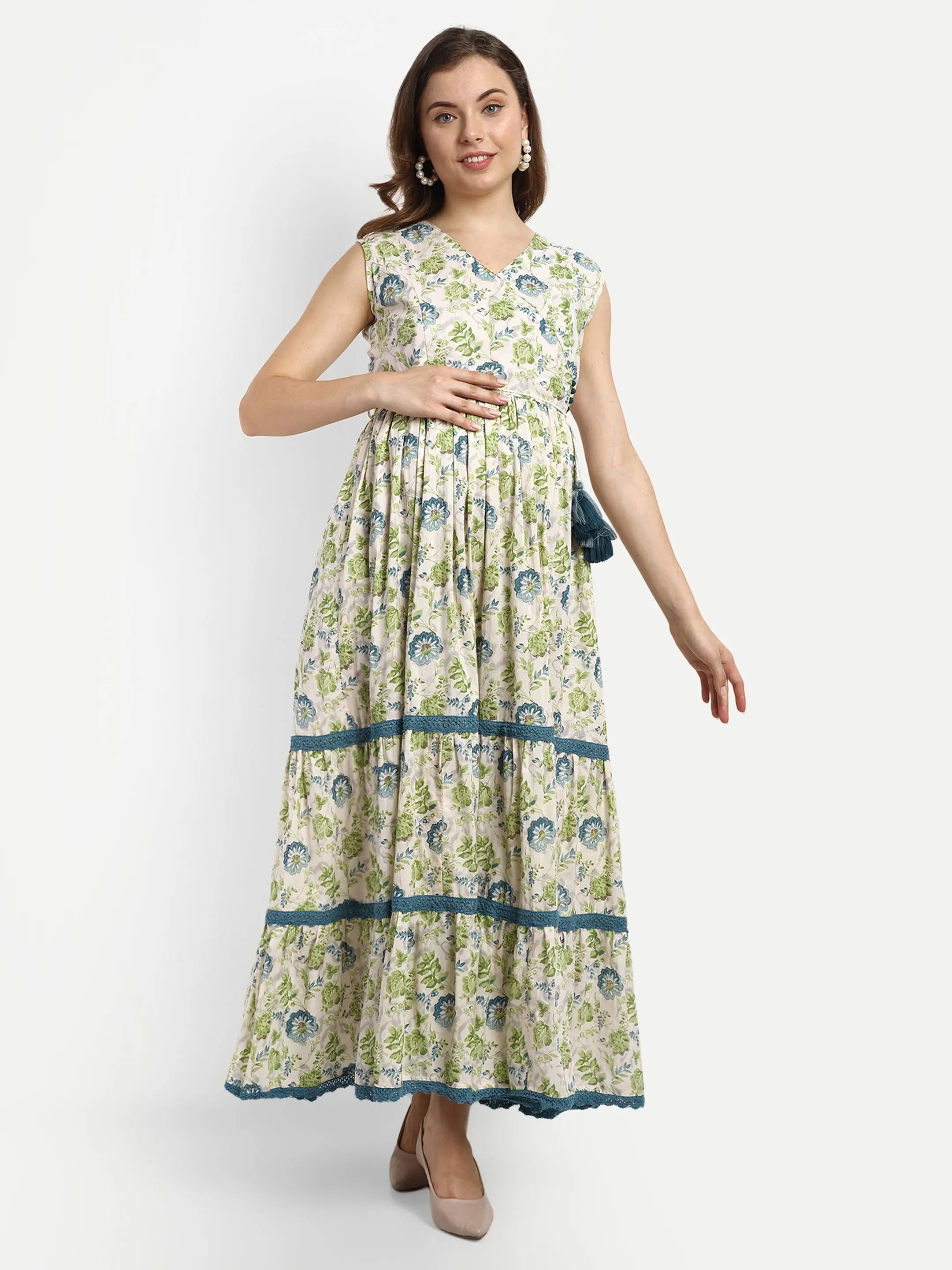 COTTON PRINTED FLAIRED GOWN FOR FEEDING AND MATERNITY PURPOSE mumzhug Maternity Gown