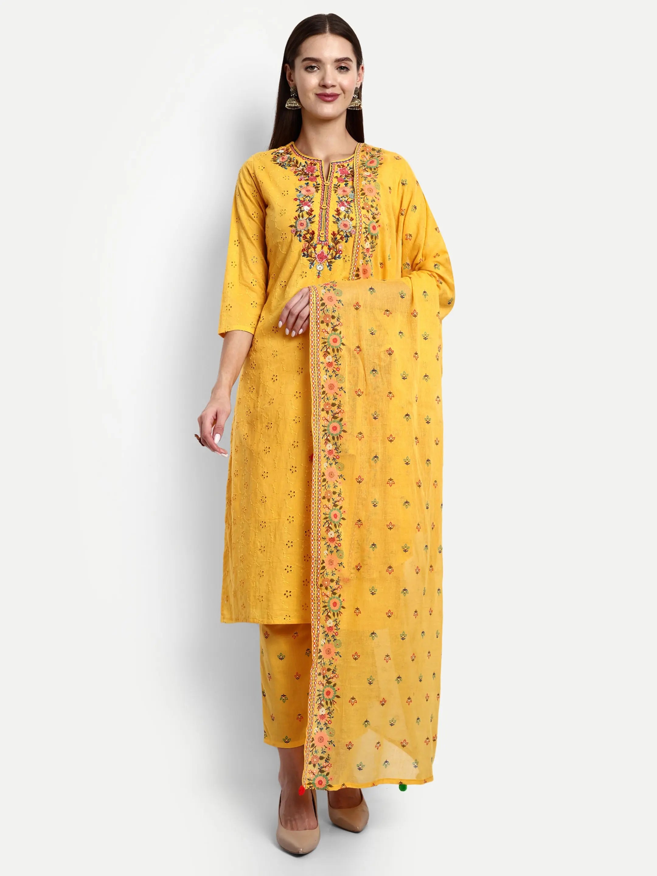COTTON SCHIFFLI EMBROIDED KURTA PANT AND DUPATTA SET Kavita Gupta