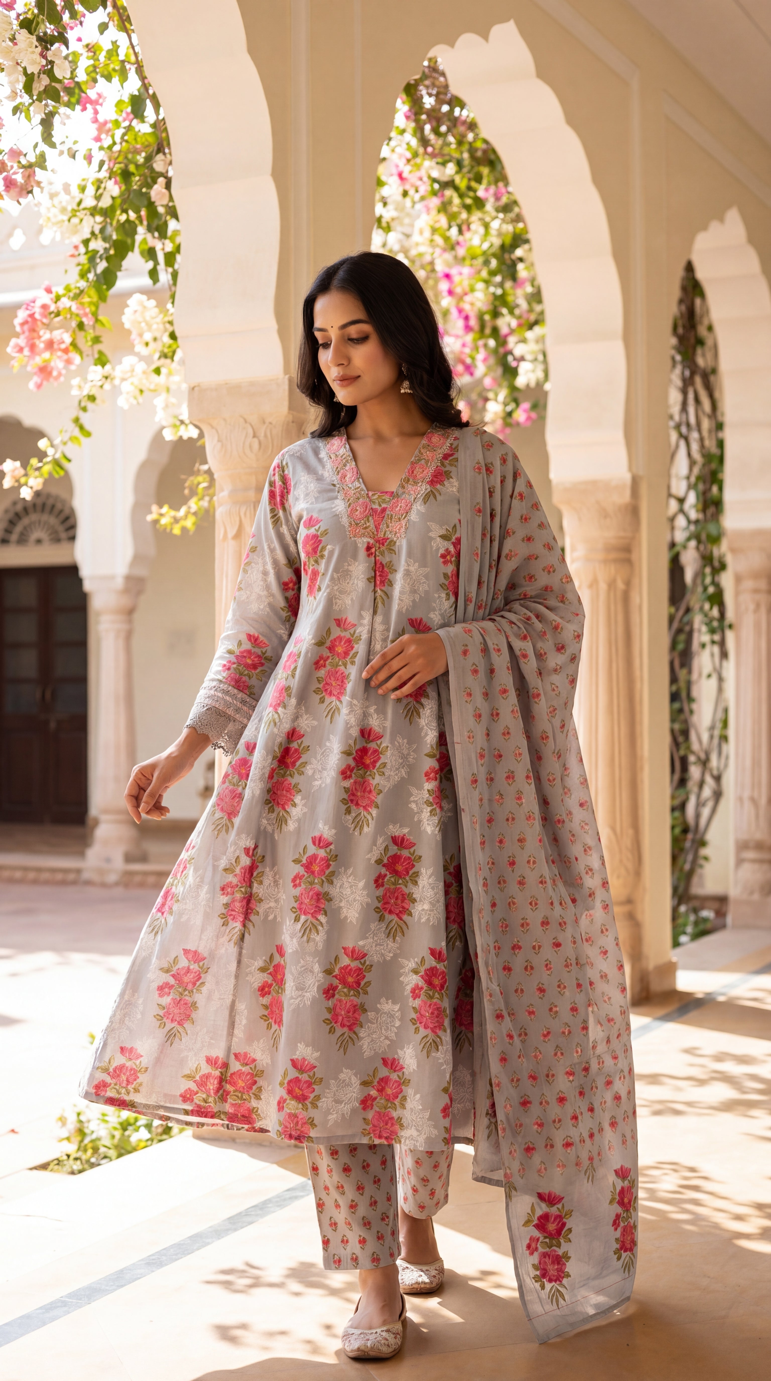 Mumzhug grey pure cotton feeding and maternity kurta pant and dupatta set