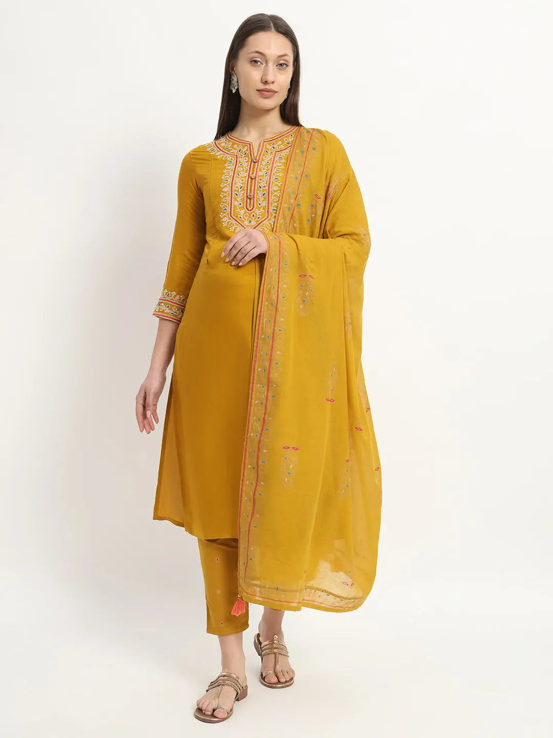 MUMZHUG Embroided Straight Kurta & Rayon Pant & Malmal Dupatta For Maternity & Feeding Purpose mumzhug