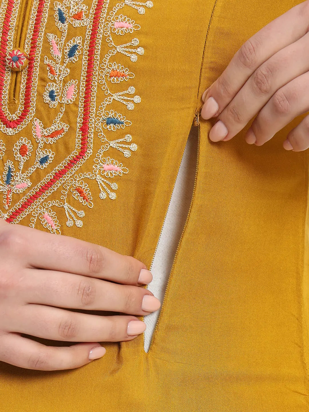 MUSTARD COLORED SOFT RAYON EMBROIDERED FEEDING AND NURSING KURTA WITH FEEDING ZIPPERS mumzhug