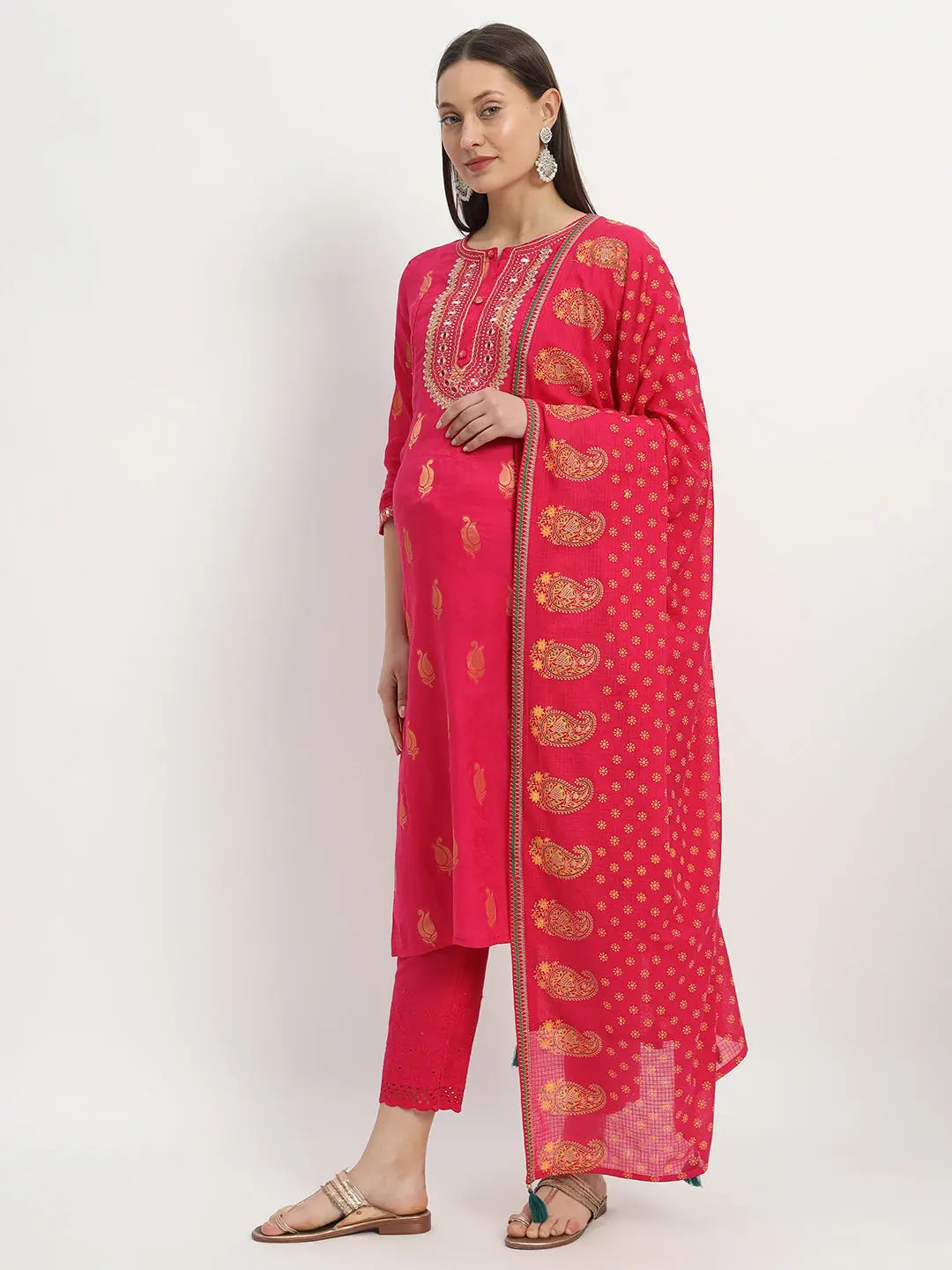 COTTON SILK EMBROIDERED KURTA PANT AND DUPATTA SET FOR FEEDING AND MATERNITY PURPOSE mumzhug