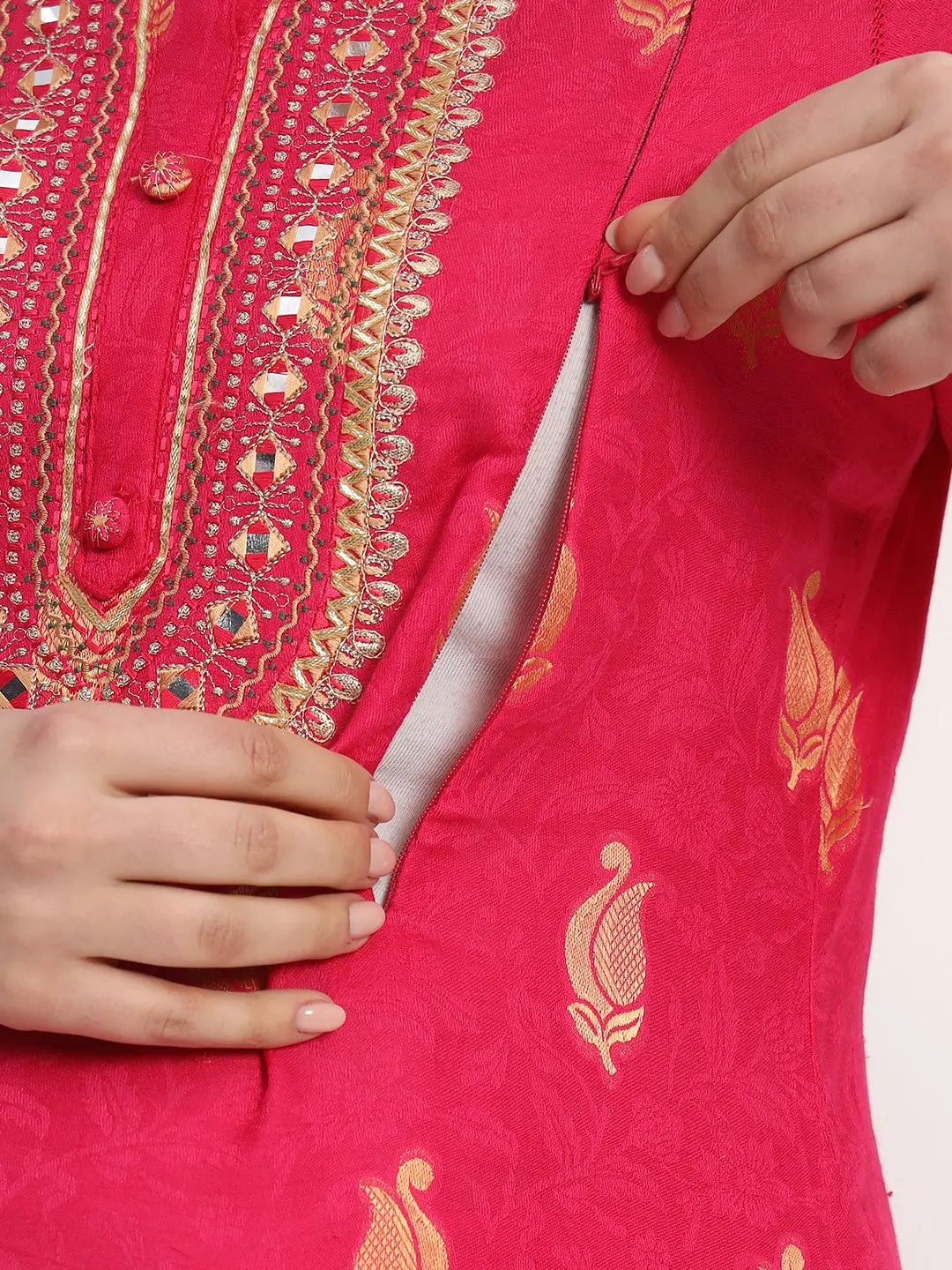 COTTON SILK EMBROIDERED KURTA PANT AND DUPATTA SET FOR FEEDING AND MATERNITY PURPOSE mumzhug