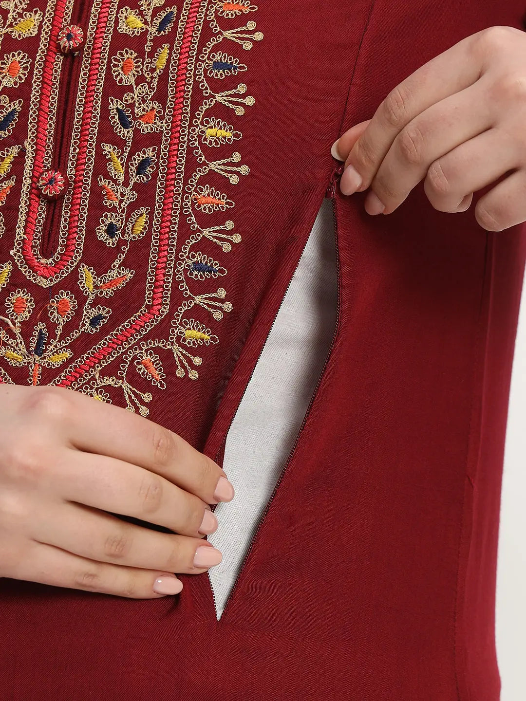 MUMZHUG Embroided Straight Kurta & Rayon Pant & Malmal Dupatta For Maternity & Feeding Purpose mumzhug