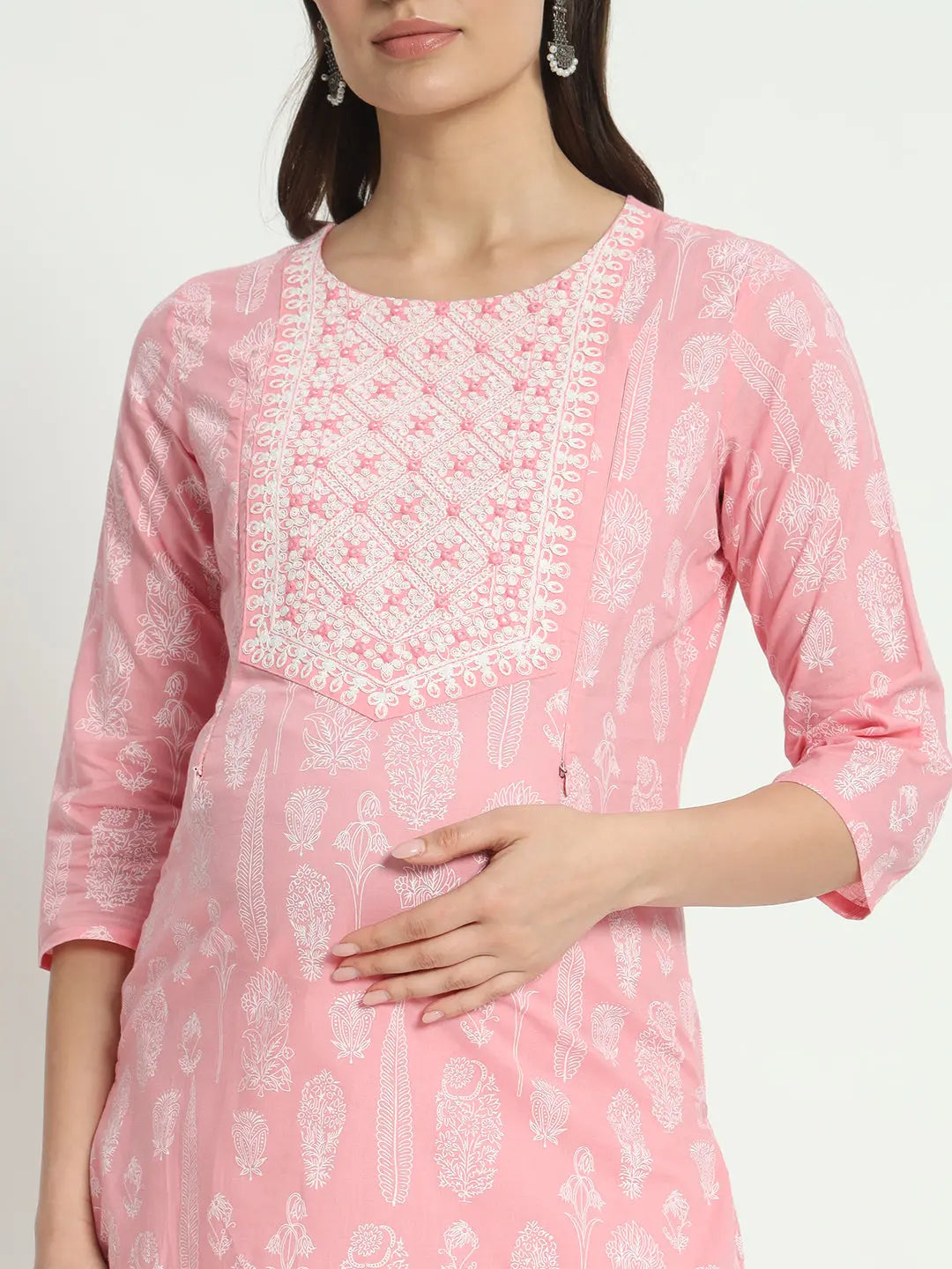 COTTON DORI EMBROIDED KURTA WITH PANT AND CHIFFON DUPATTA FOR MATERNITY AND FEEDING PURPOSE mumzhug