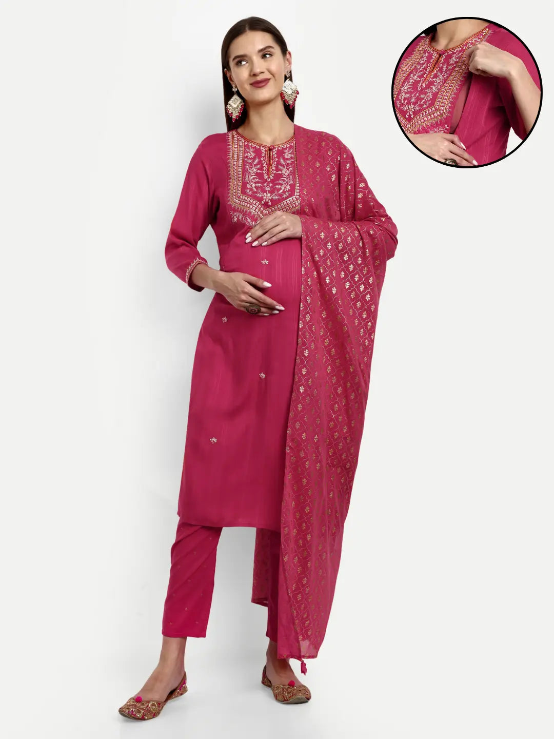 VISCOSE YARN DYED RAYON EMBROIDERED KURTA PANT AND DUPATTA SET FOR FEEDING AND MATERNITY PURPOSE mumzhug