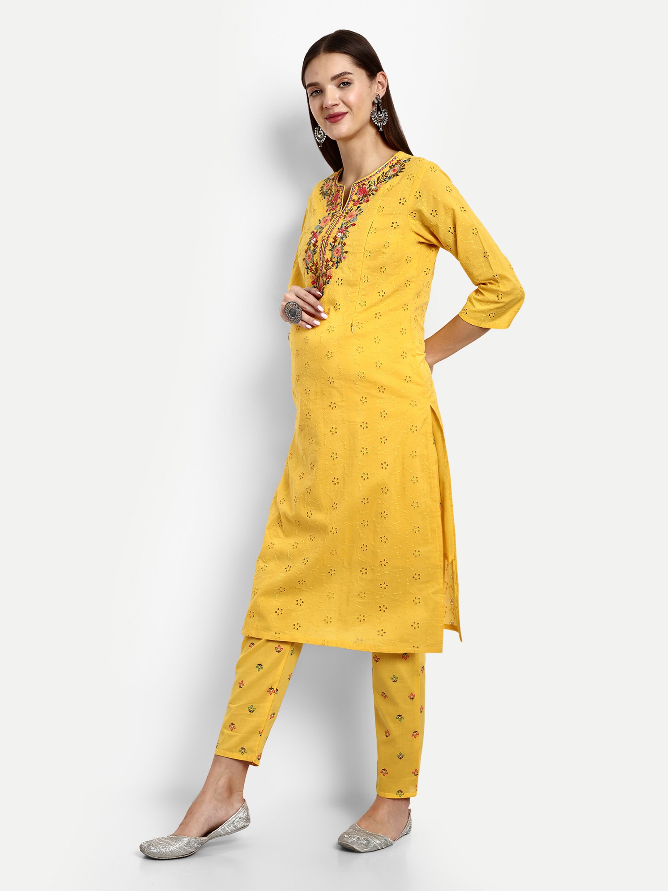 Yellow Pure Cotton Schiffli Embroidered Kurta Pant and Dupatta Set for Feeding and Maternity Purpose