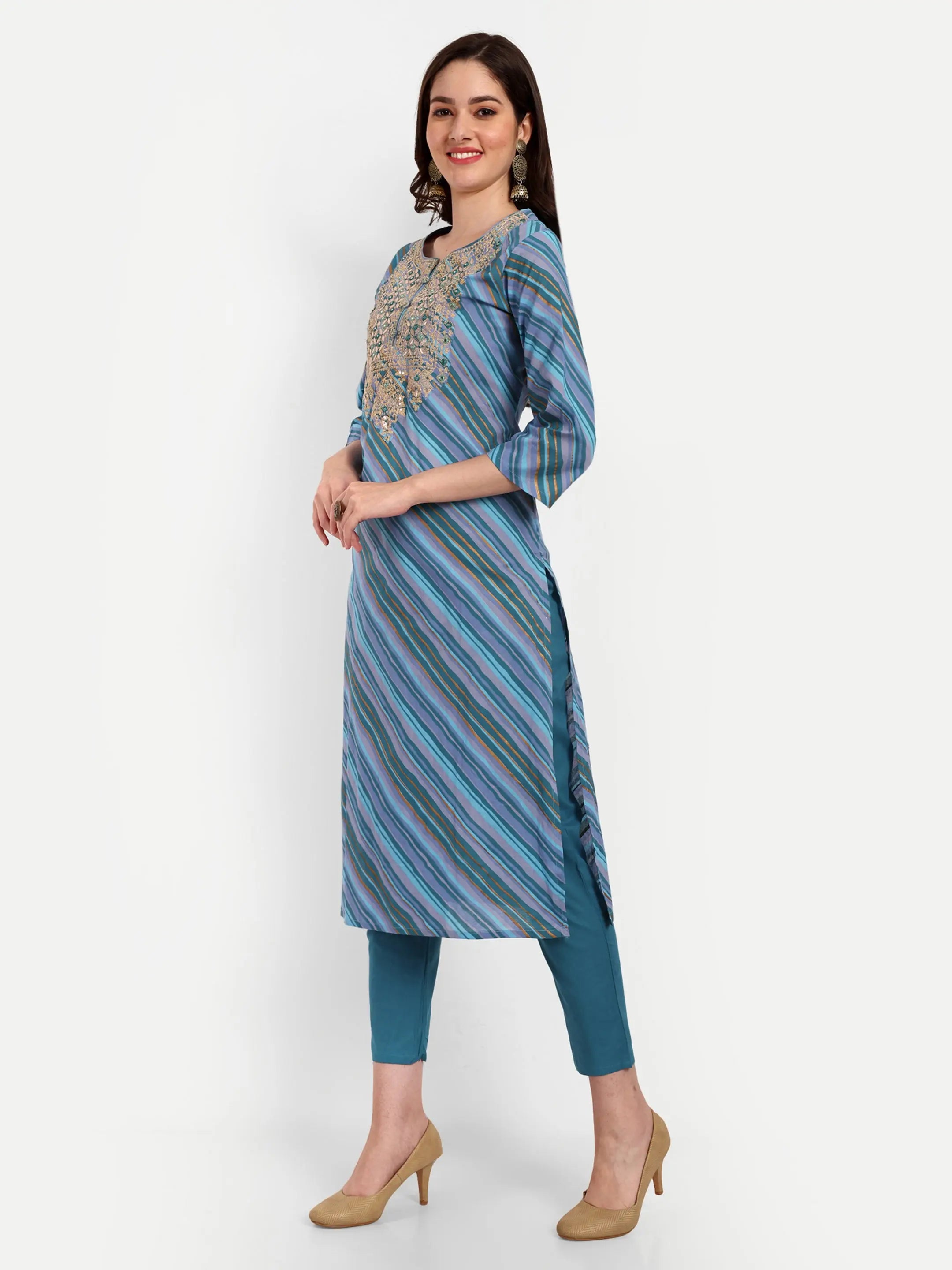 LEHARIYA PRINT COTTON EMBROIDERED FEEDING KURTA PANT AND DUPATTA SET WITH BOTH SIDED FEEDING ZIPPER mumzhug Feeding suit set