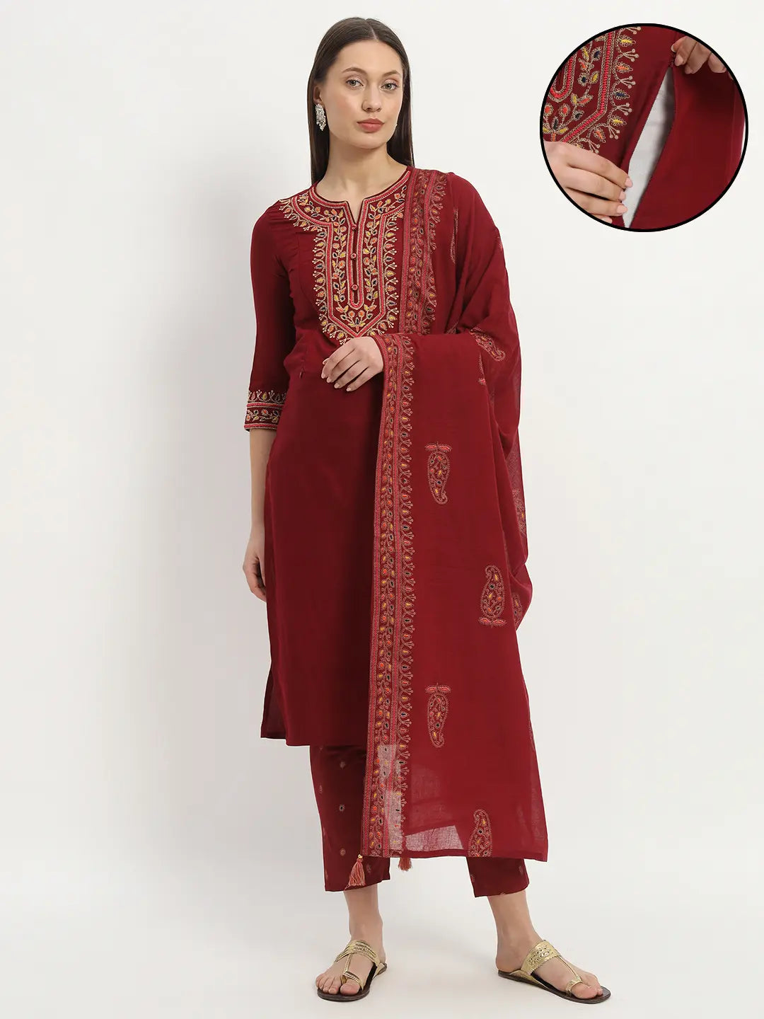 MUMZHUG Embroided Straight Kurta & Rayon Pant & Malmal Dupatta For Maternity & Feeding Purpose mumzhug