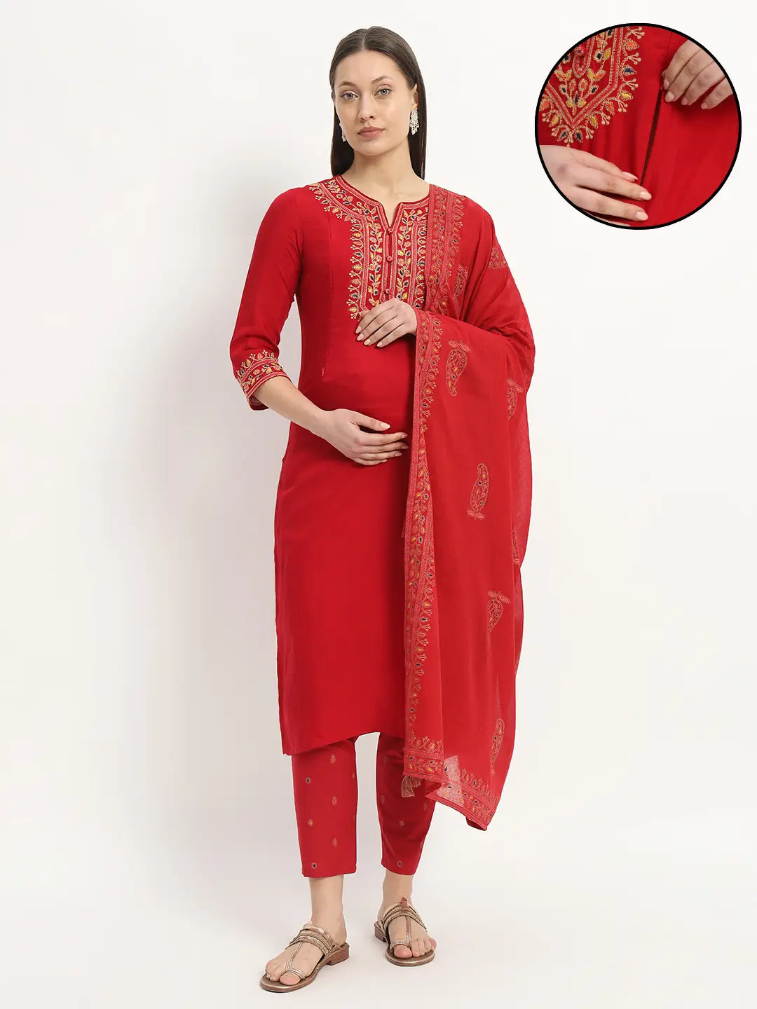 MUMZHUG Embroided Straight Kurta & Rayon Pant & Malmal Dupatta For Maternity & Feeding Purpose mumzhug