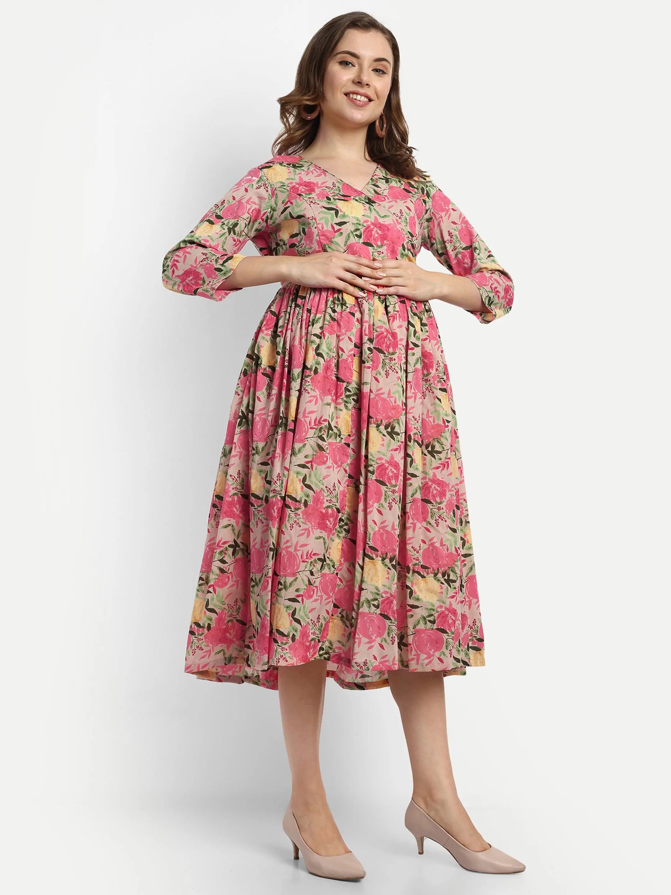 COTTON FLAIRED GOWN FOR FEEDING AND MATERNITY PURPOSE mumzhug Maternity Gown