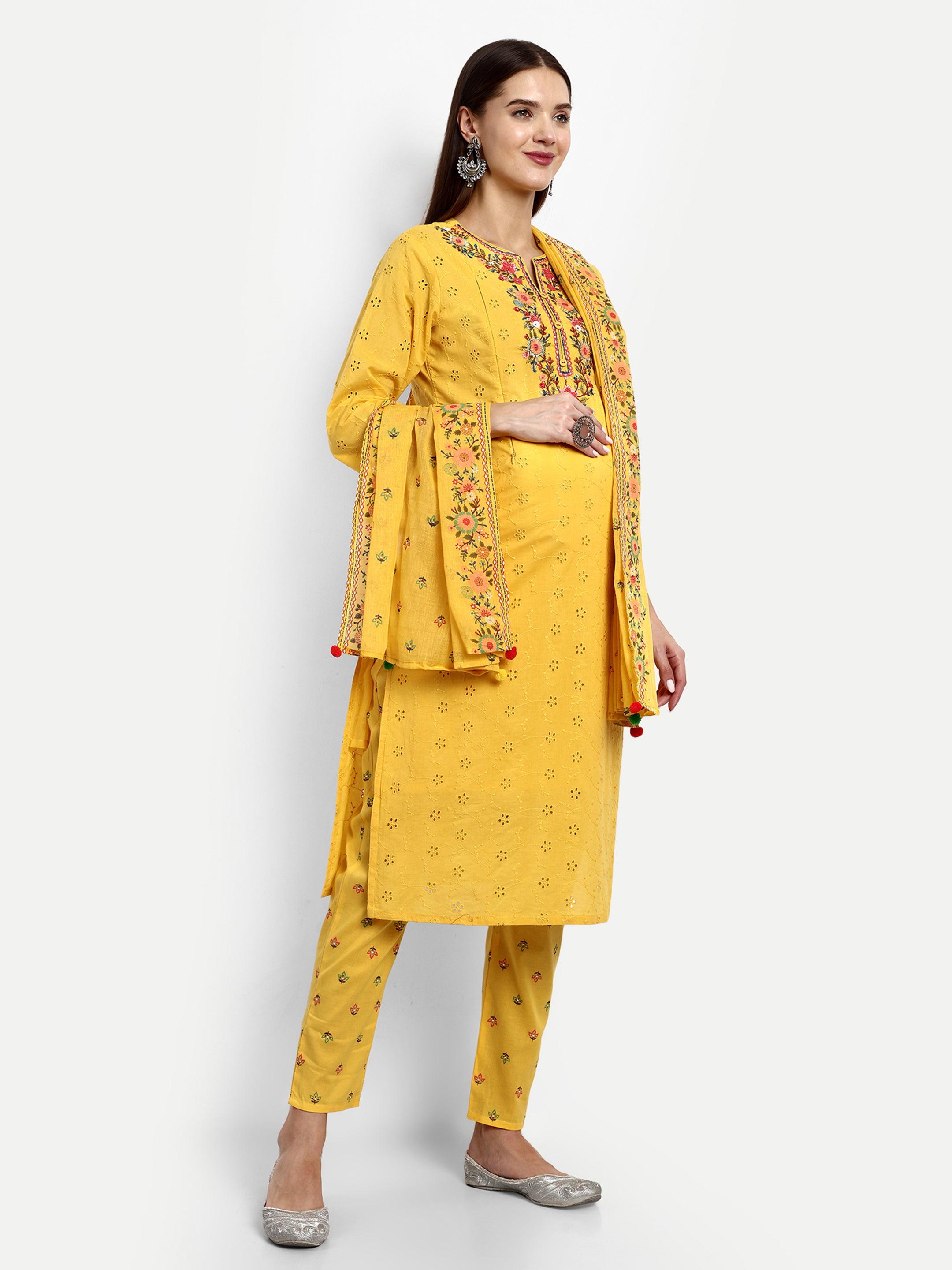 Yellow Pure Cotton Schiffli Embroidered Kurta Pant and Dupatta Set for Feeding and Maternity Purpose
