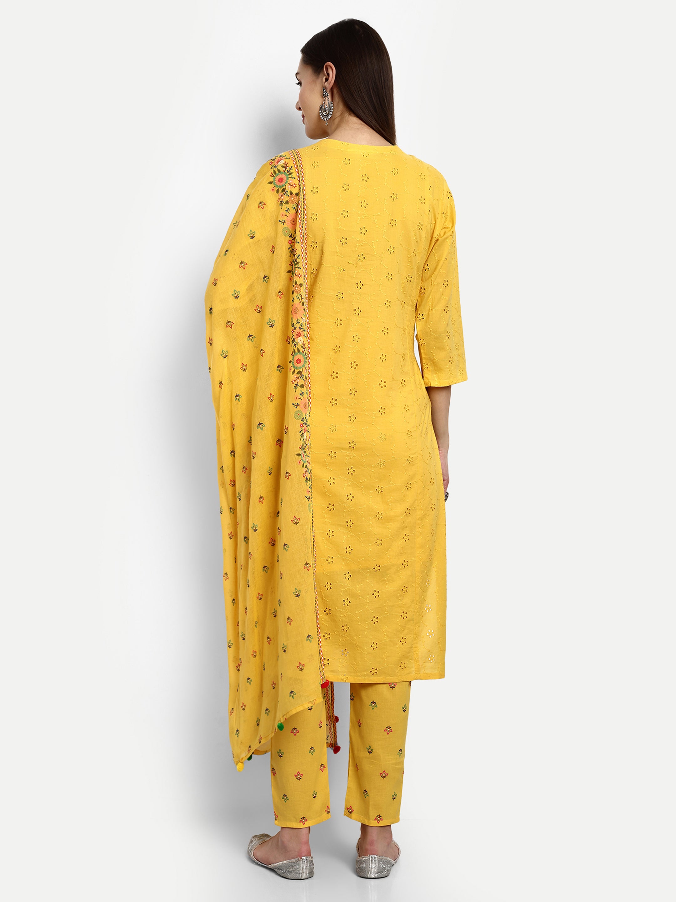 Yellow Pure Cotton Schiffli Embroidered Kurta Pant and Dupatta Set for Feeding and Maternity Purpose