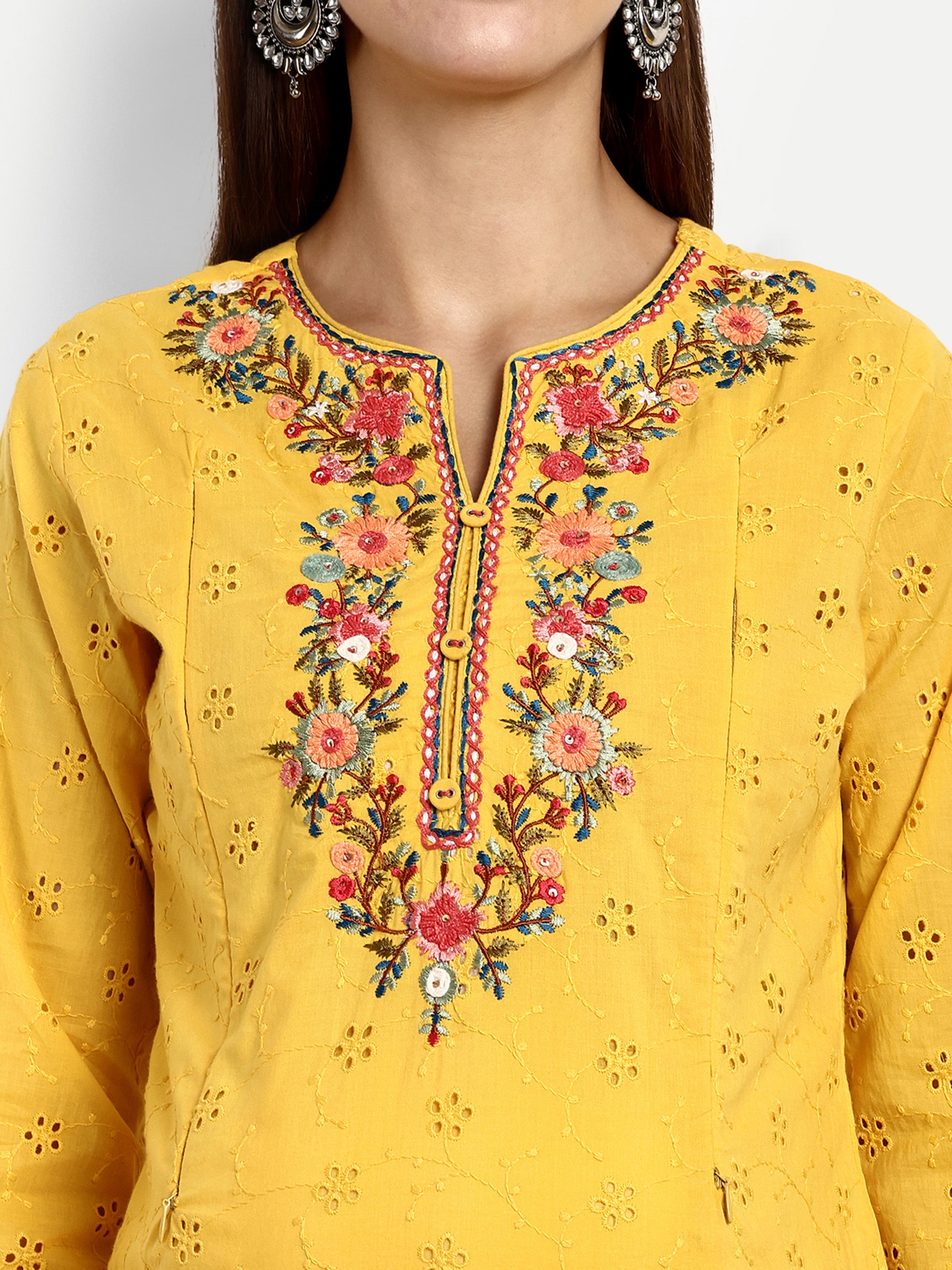 Yellow Pure Cotton Schiffli Embroidered Kurta Pant and Dupatta Set for Feeding and Maternity Purpose
