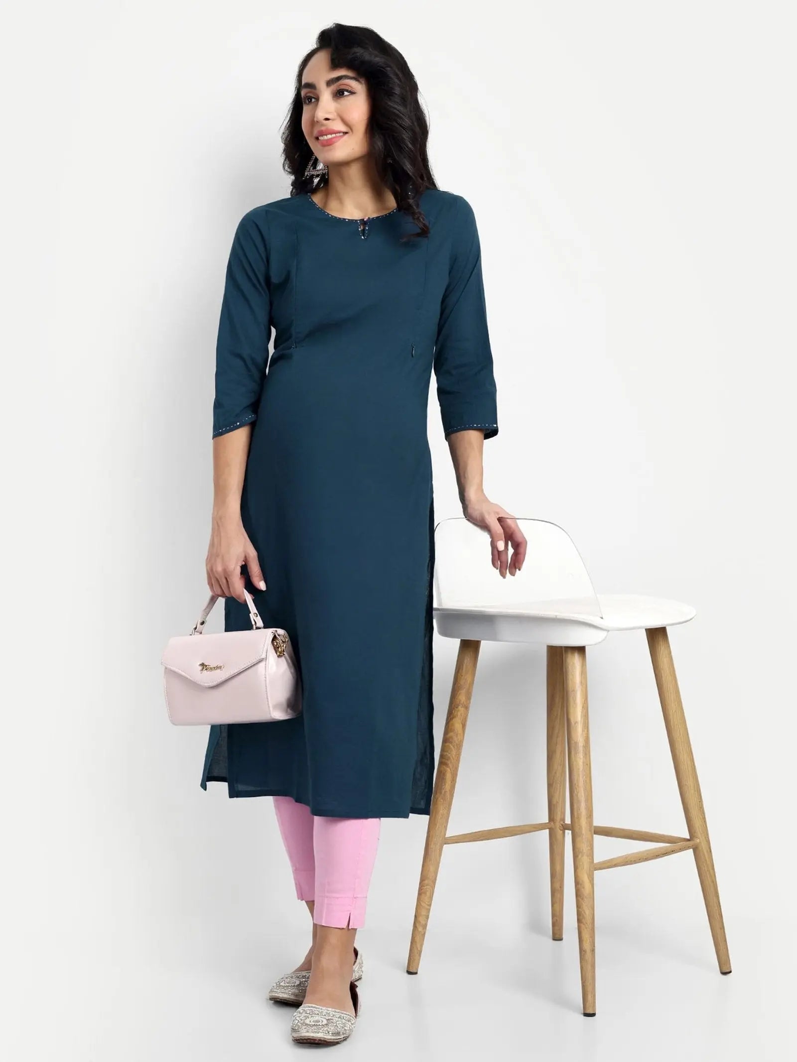 NAVY BLUE COLOUR COTTON STRAIGHT KURTA FEEDING OR NURSING KURTA WITH EMBROIDERY mumzhug