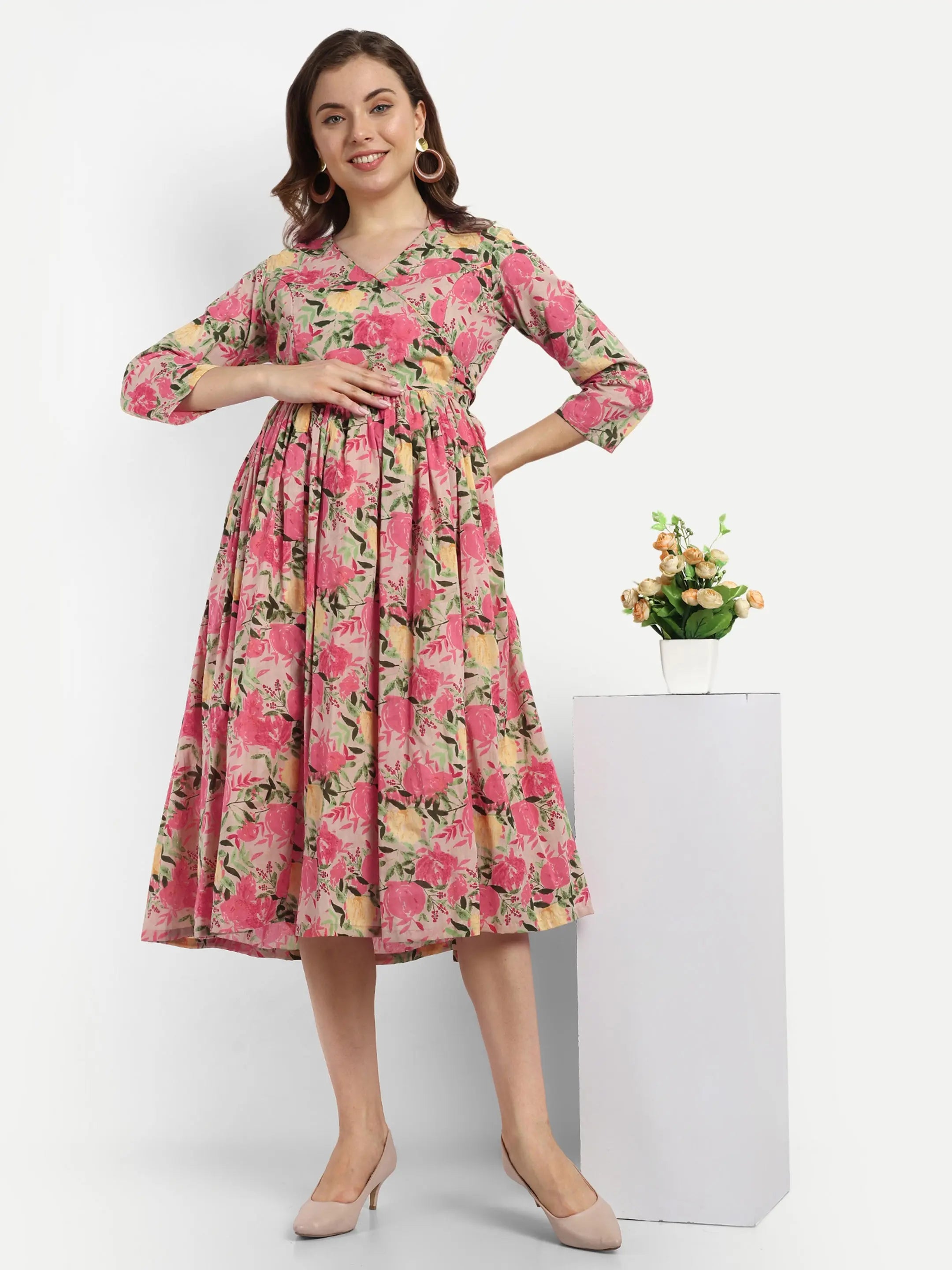 COTTON FLAIRED GOWN FOR FEEDING AND MATERNITY PURPOSE mumzhug Maternity Gown