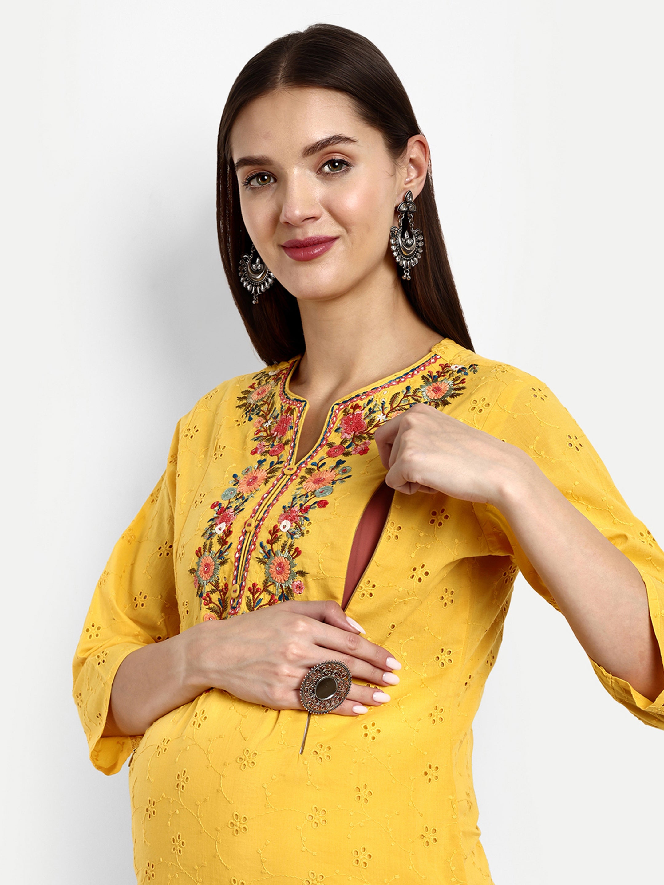 Yellow Pure Cotton Schiffli Embroidered Kurta Pant and Dupatta Set for Feeding and Maternity Purpose