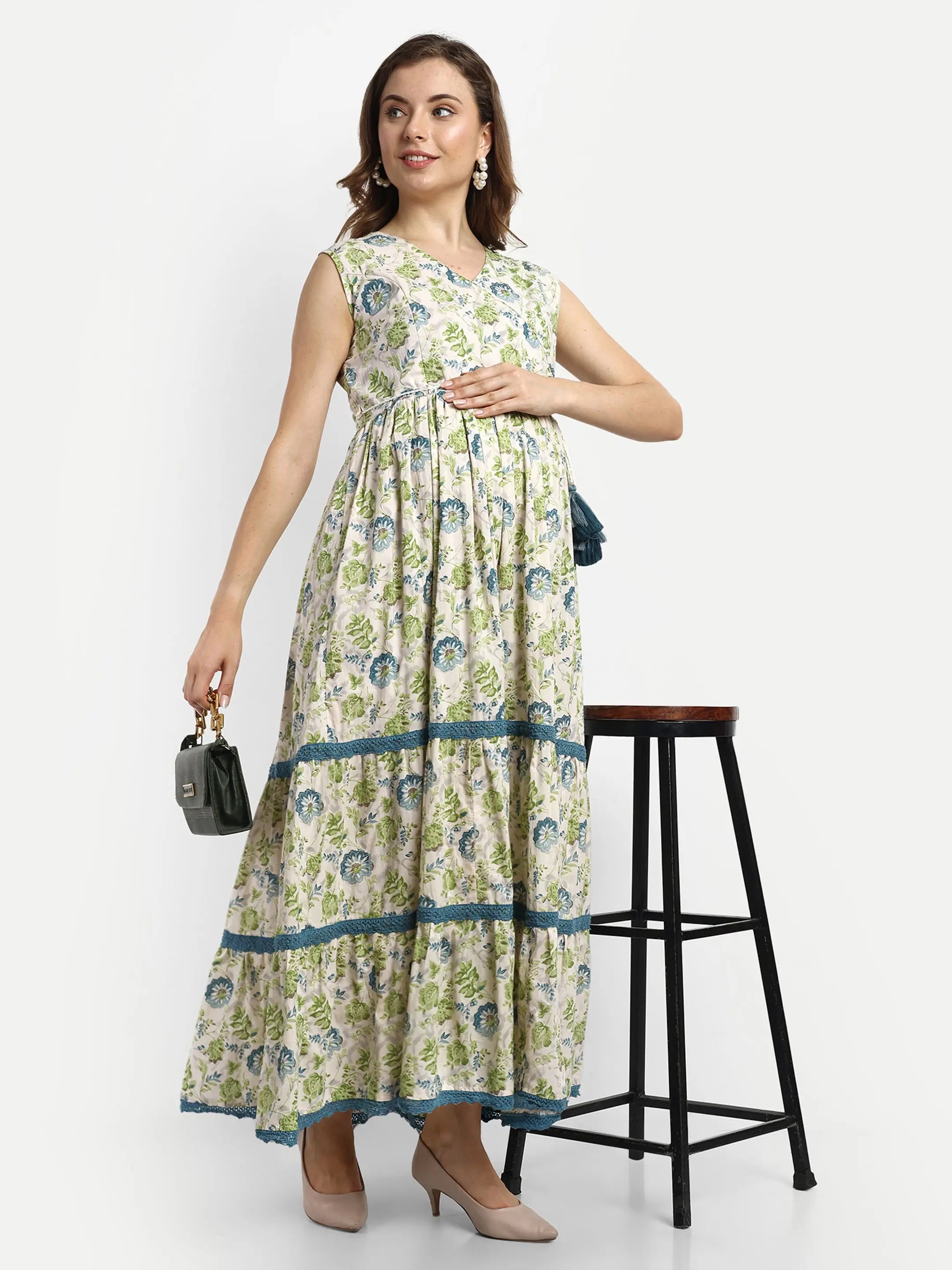 COTTON PRINTED FLAIRED GOWN FOR FEEDING AND MATERNITY PURPOSE mumzhug Maternity Gown