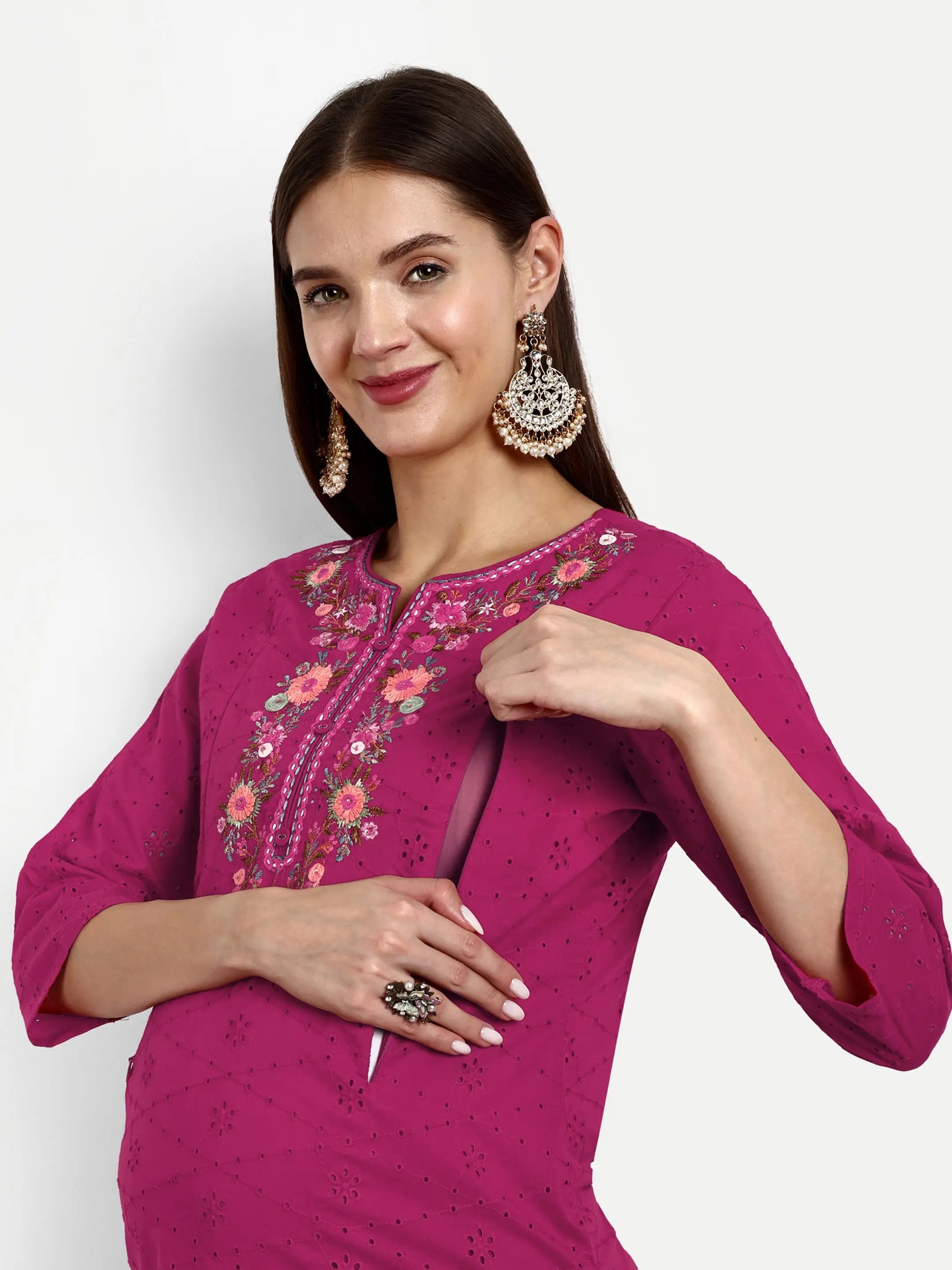 COTTON SCHIFFLI EMBROIDERED KURTA WITH BOTH SIDE FEEDING ZIPPER mumzhug