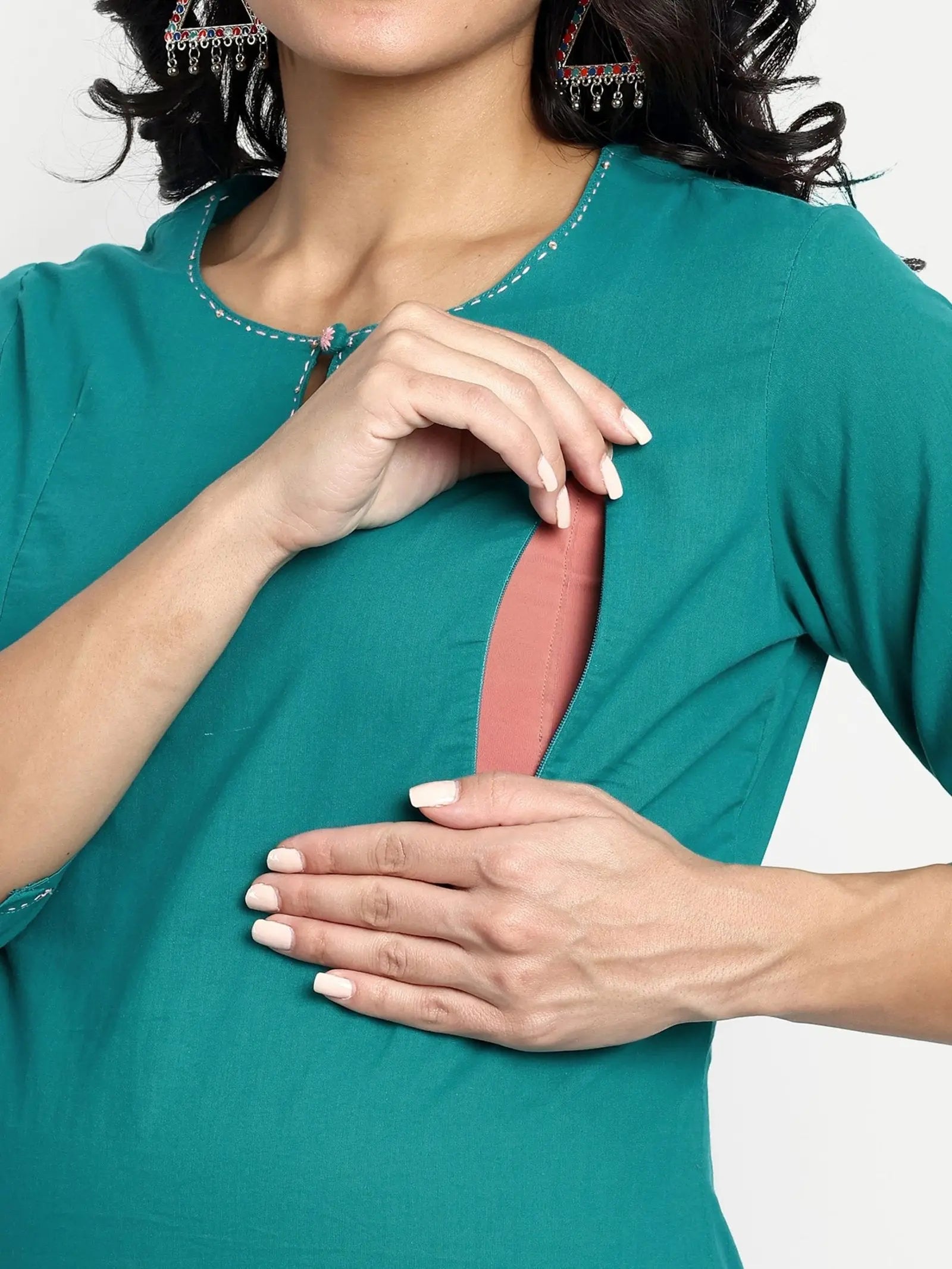 TEAL COLOUR COTTON STRAIGHT KURTA FEEDING OR NURSING KURTA WITH EMBROIDERY mumzhug