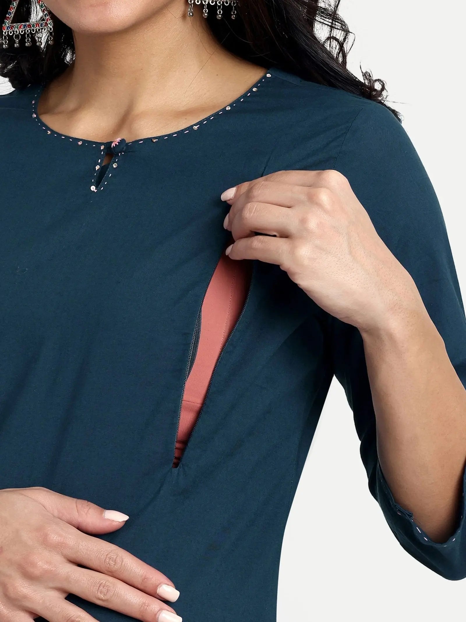 NAVY BLUE COLOUR COTTON STRAIGHT KURTA FEEDING OR NURSING KURTA WITH EMBROIDERY mumzhug