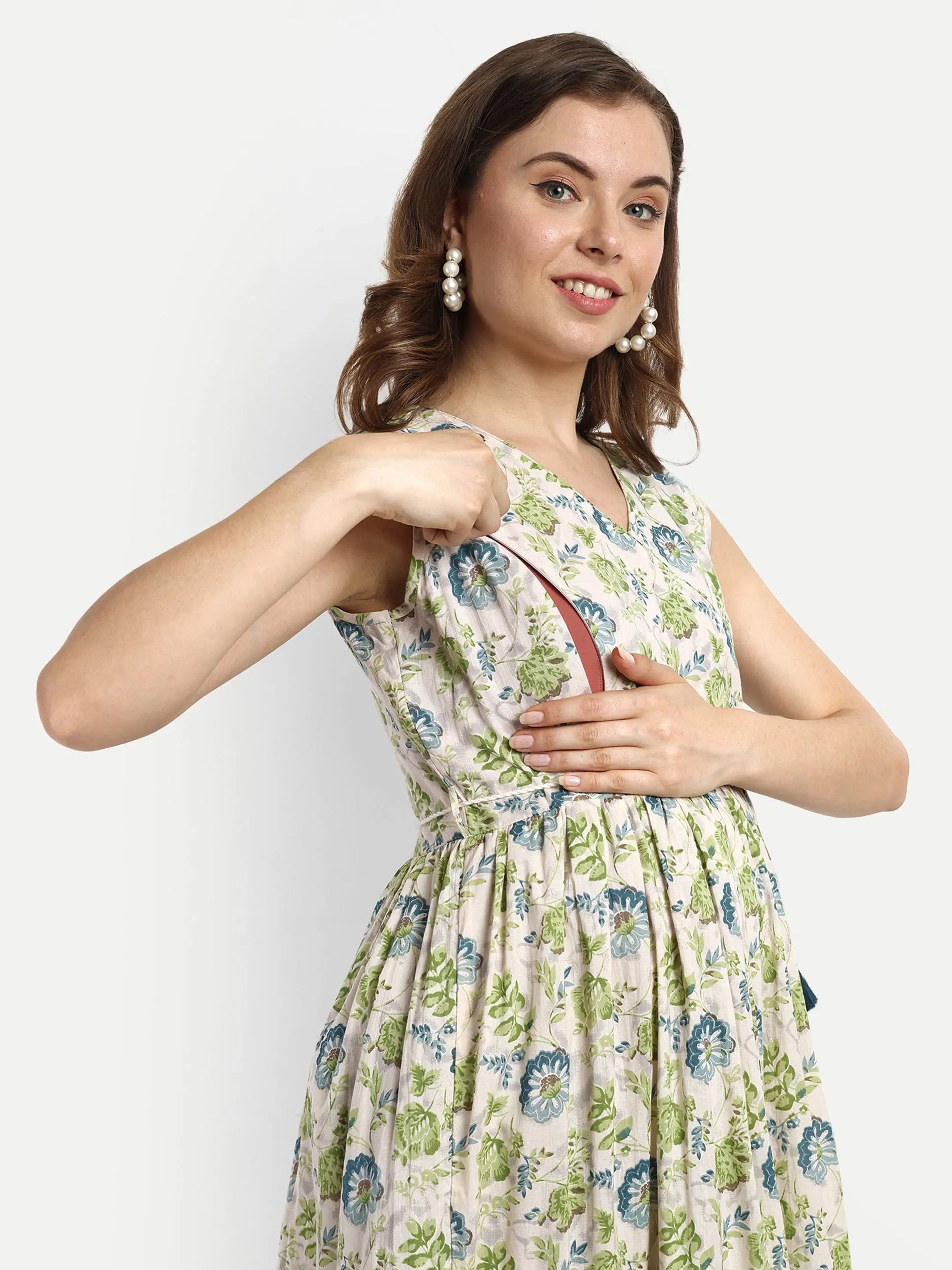 COTTON PRINTED FLAIRED GOWN FOR FEEDING AND MATERNITY PURPOSE mumzhug Maternity Gown