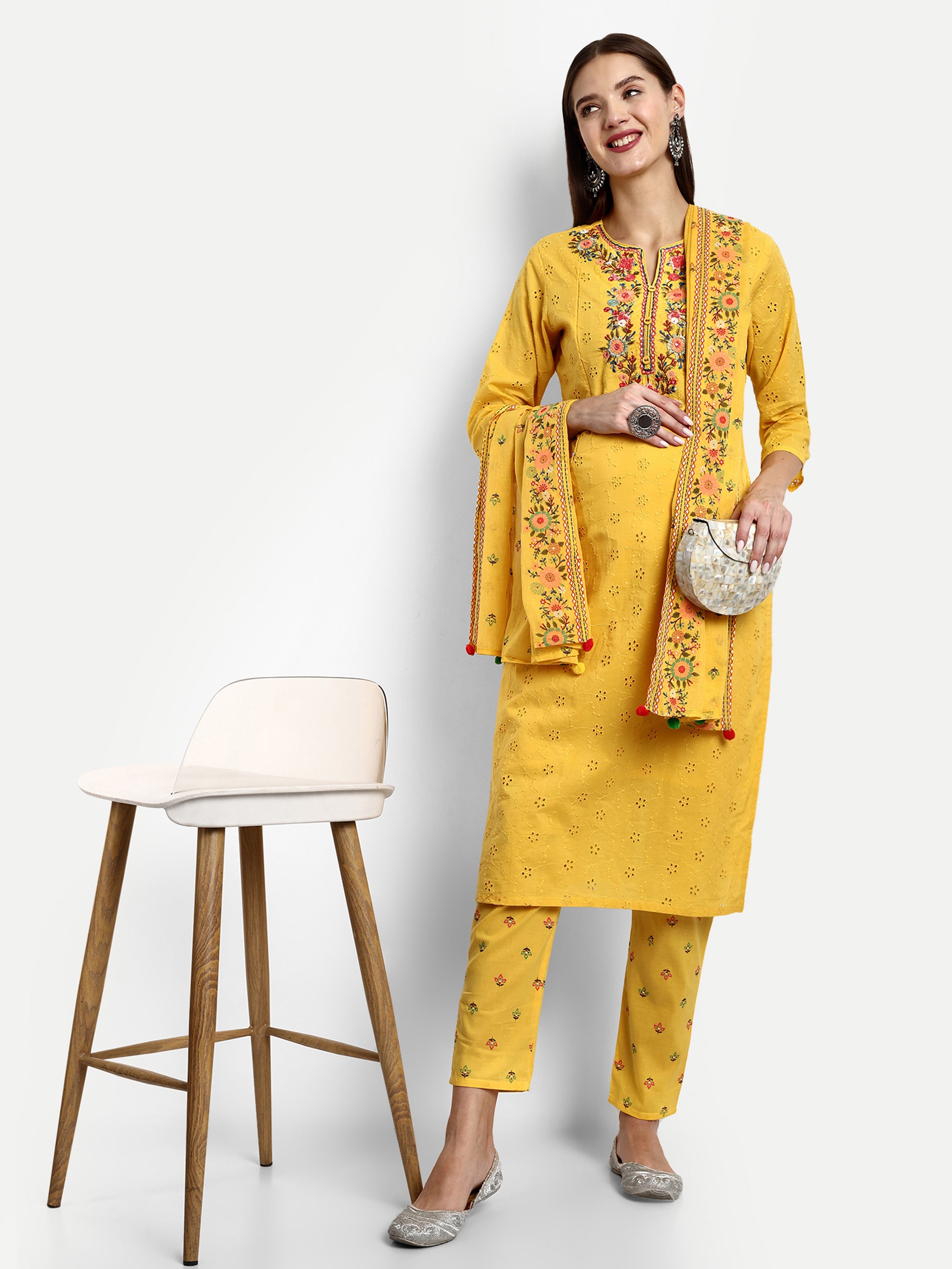 Yellow Pure Cotton Schiffli Embroidered Kurta Pant and Dupatta Set for Feeding and Maternity Purpose
