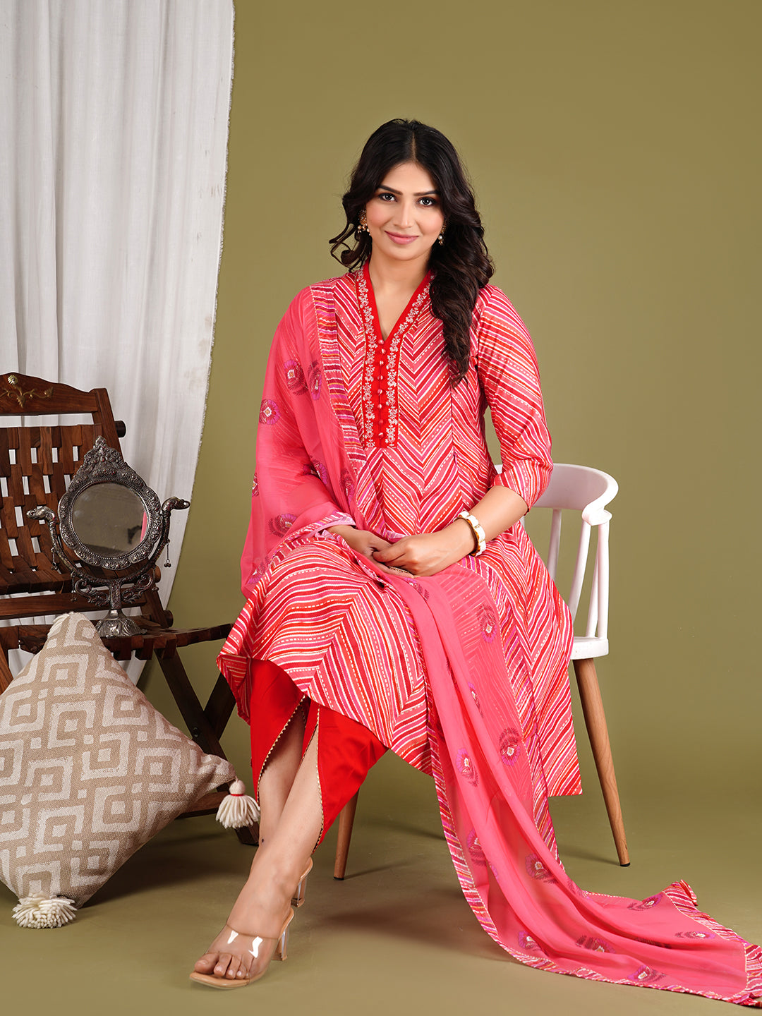 Peach Colored Cotton Maslin Embroidered Umbrella Cut Flared Kurta With Dhoti And Dupatta Set For Feeding And Maternity Purpose
