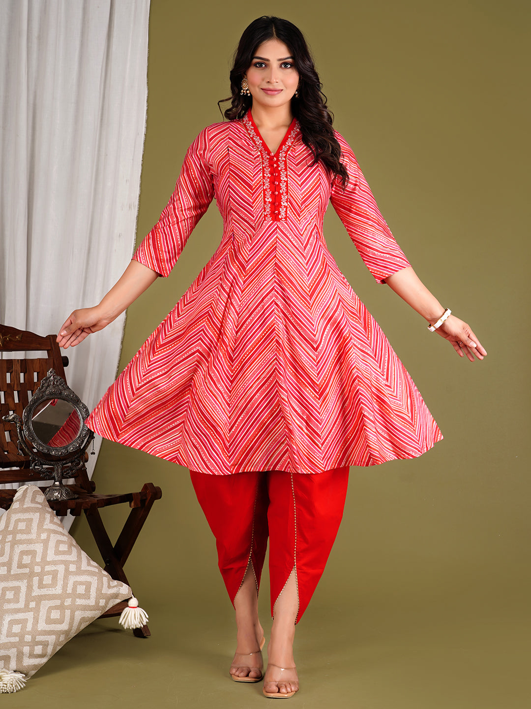 Peach Colored Cotton Maslin Embroidered Umbrella Cut Flared Kurta With Dhoti And Dupatta Set For Feeding And Maternity Purpose