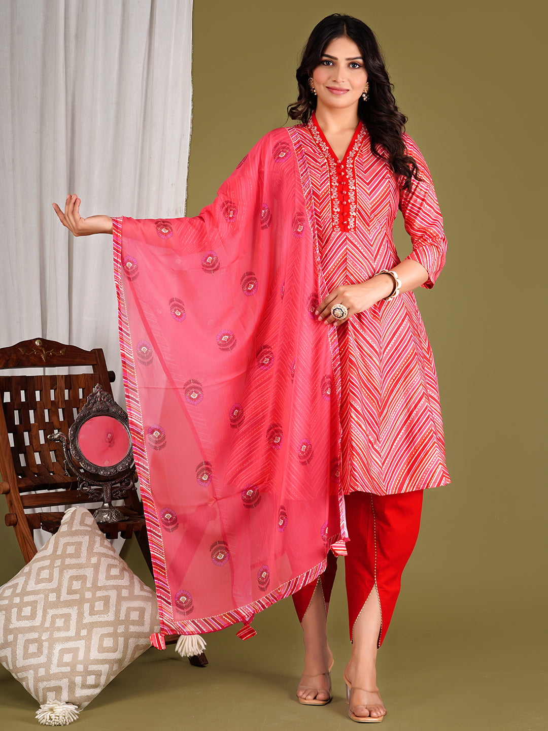 Peach Colored Cotton Maslin Embroidered Umbrella Cut Flared Kurta With Dhoti And Dupatta Set For Feeding And Maternity Purpose