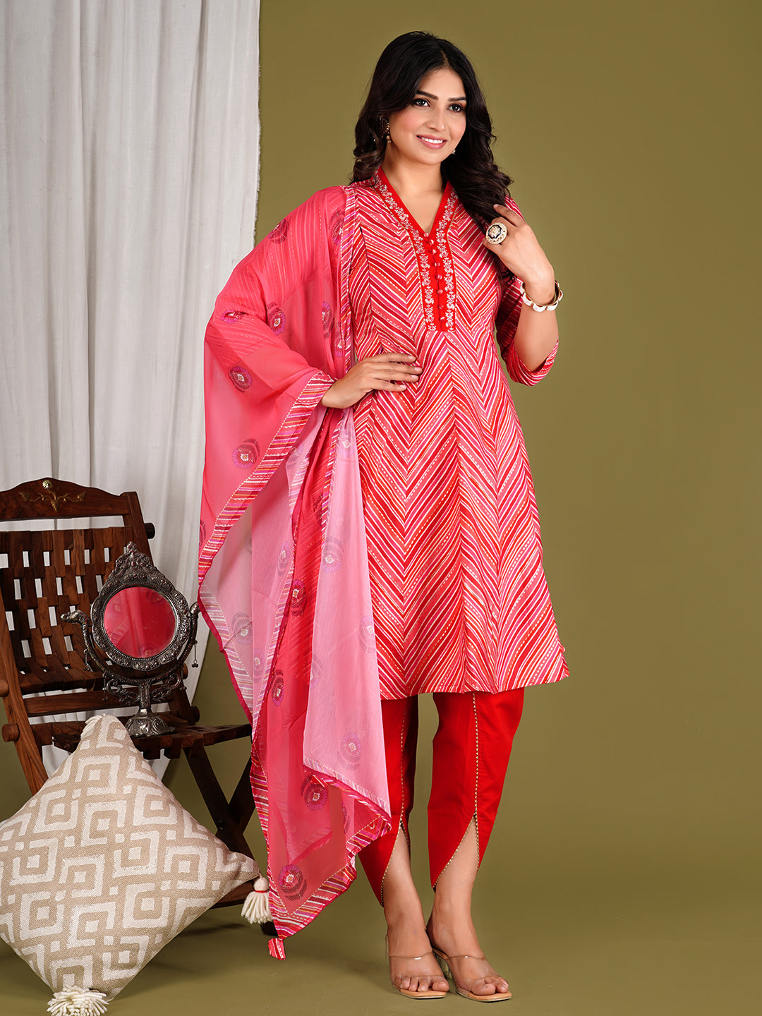 Peach Colored Cotton Maslin Embroidered Umbrella Cut Flared Kurta With Dhoti And Dupatta Set For Feeding And Maternity Purpose