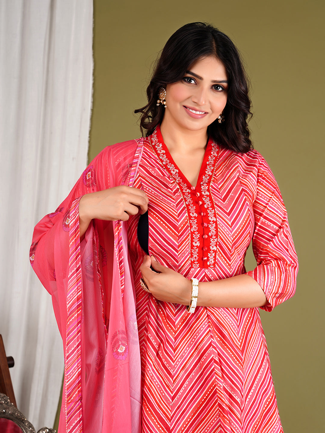 Peach Colored Cotton Maslin Embroidered Umbrella Cut Flared Kurta With Dhoti And Dupatta Set For Feeding And Maternity Purpose
