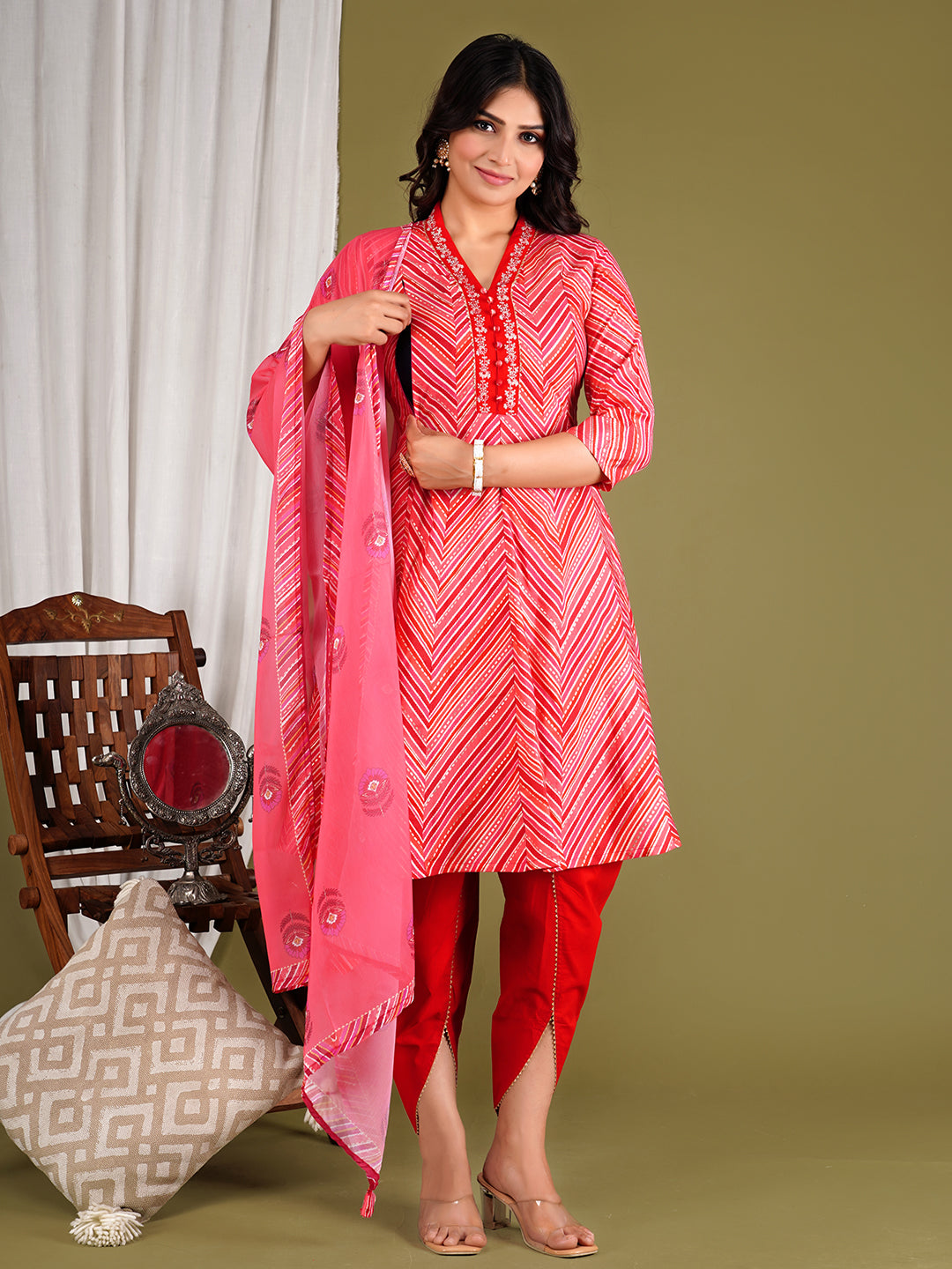 Peach Colored Cotton Maslin Embroidered Umbrella Cut Flared Kurta With Dhoti And Dupatta Set For Feeding And Maternity Purpose