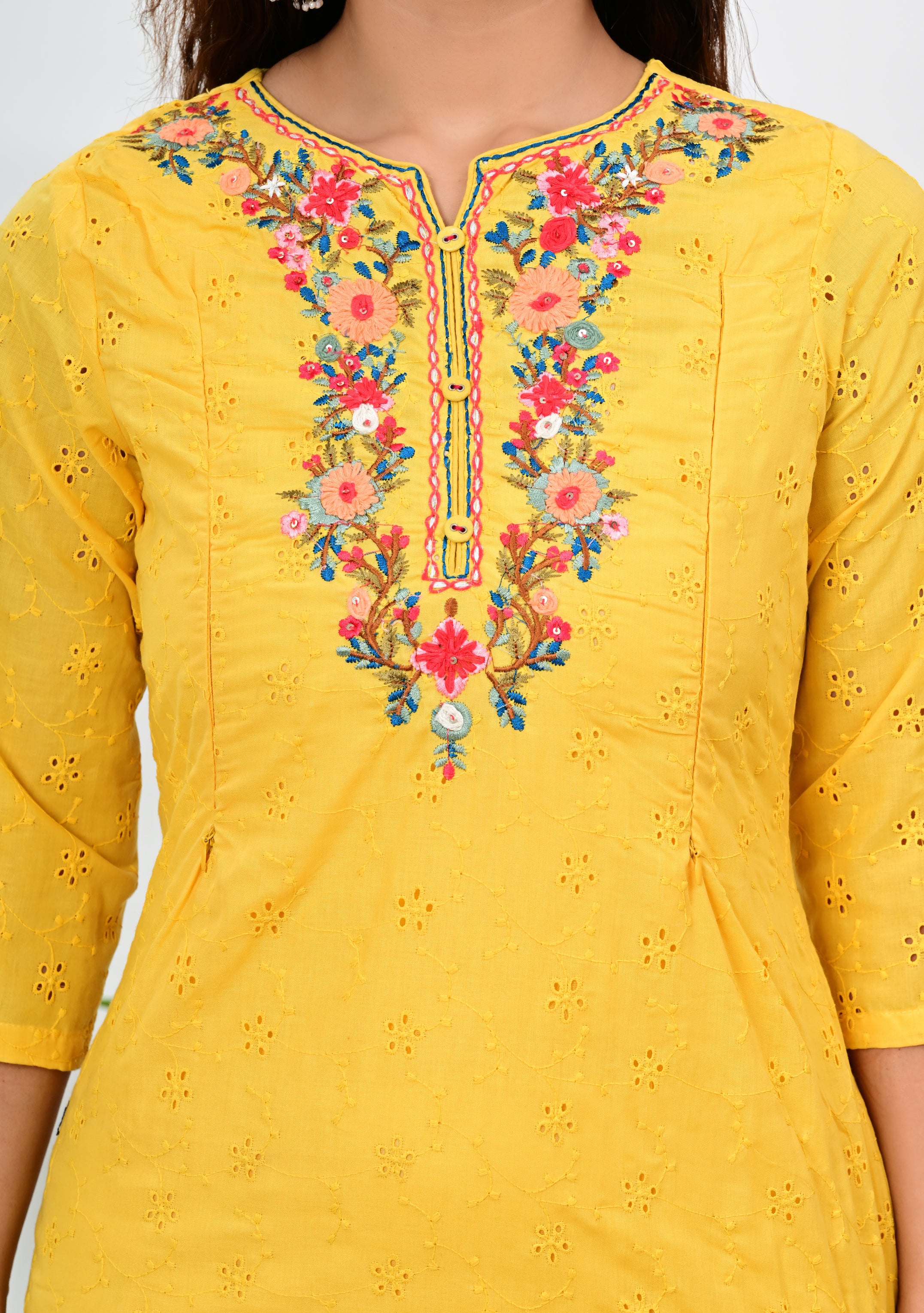 Mumzhug Pure Cotton Schiffli Embroidered Feeding Kurta with Attached Lining