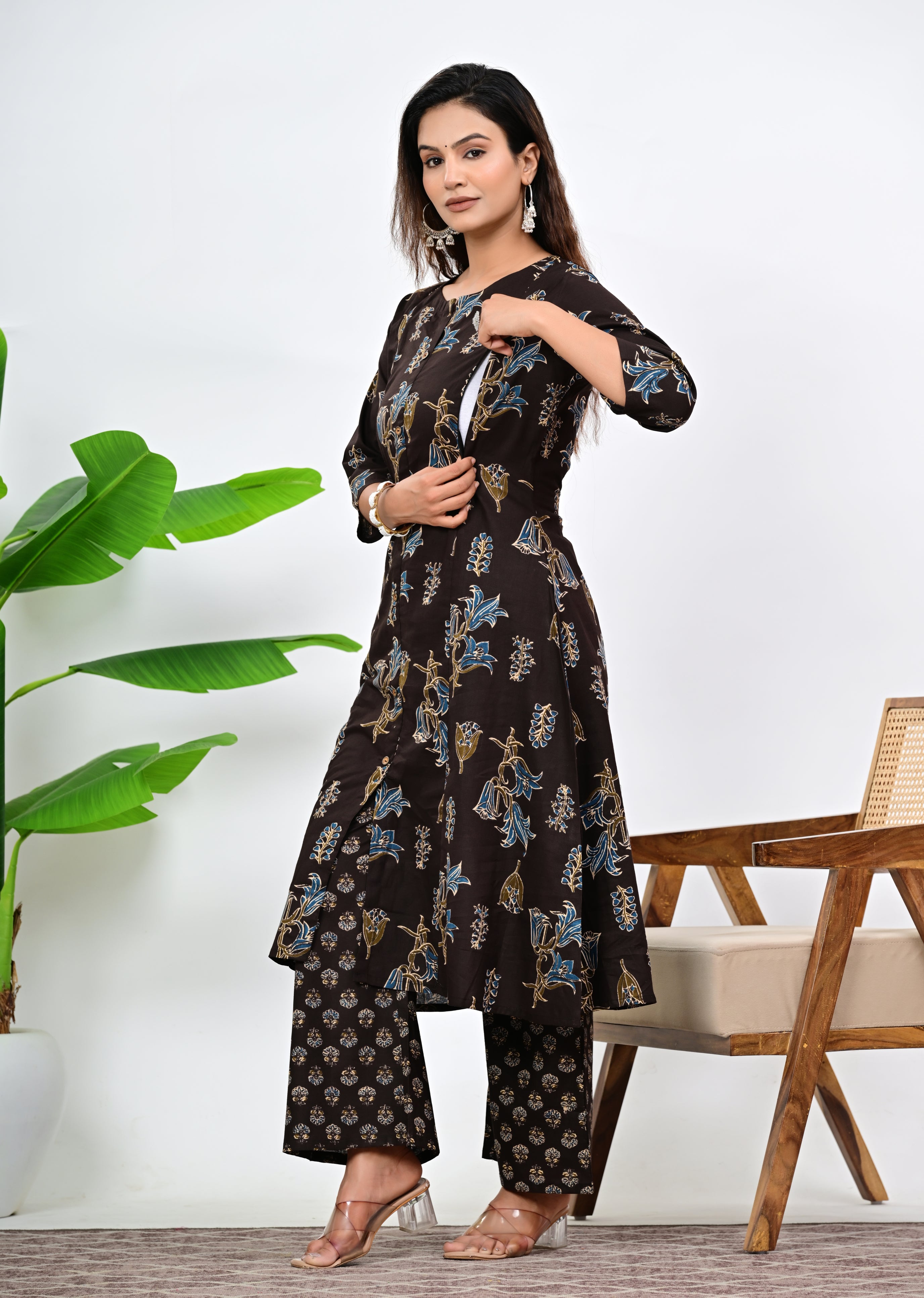 Mumzhug Mouse Colored Pure Cotton Jaipuri Multi Floral Print Feeding Kurta