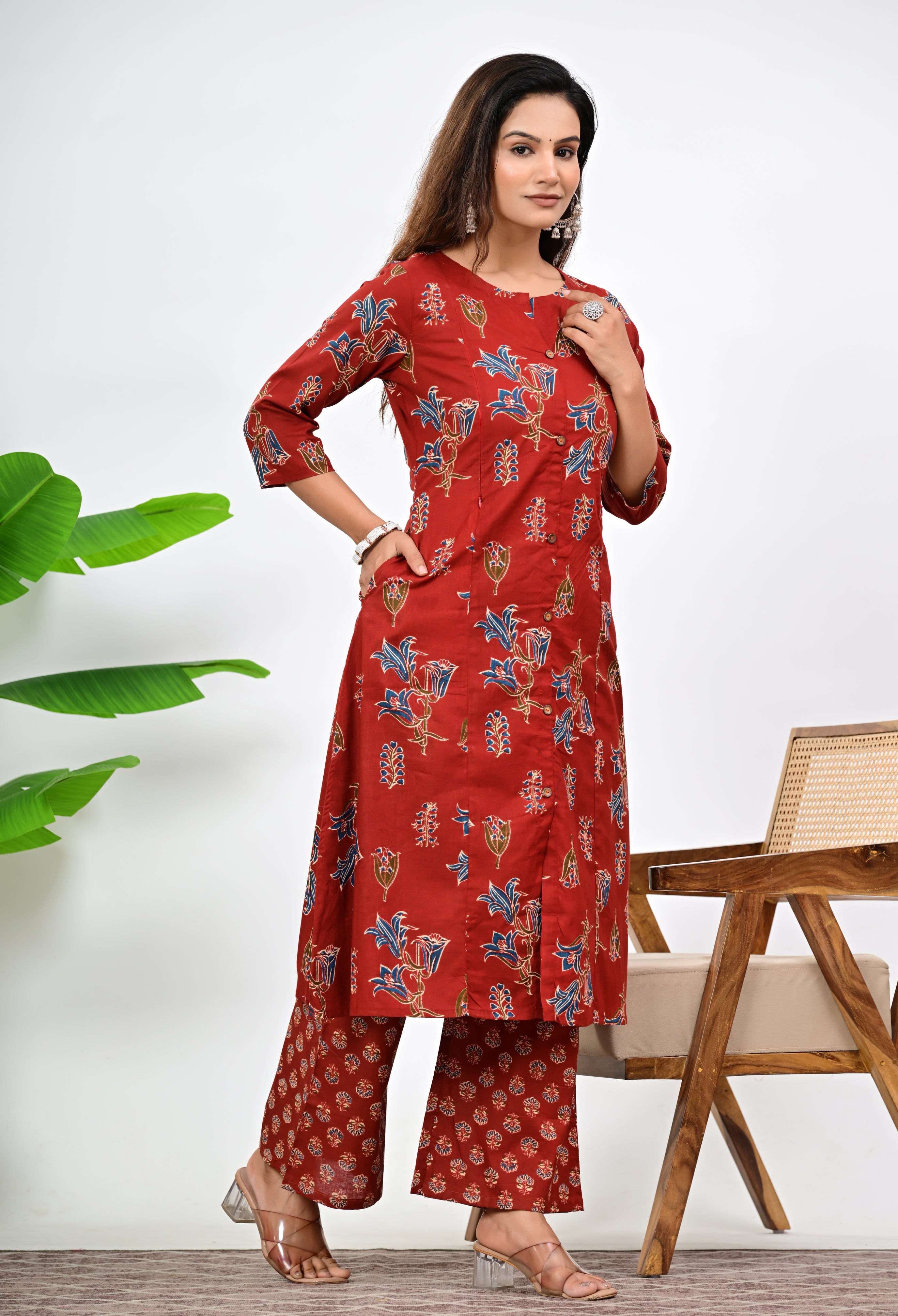 Mumzhug Maroon Colored Pure Cotton Jaipuri Multi Floral Print Feeding Kurta