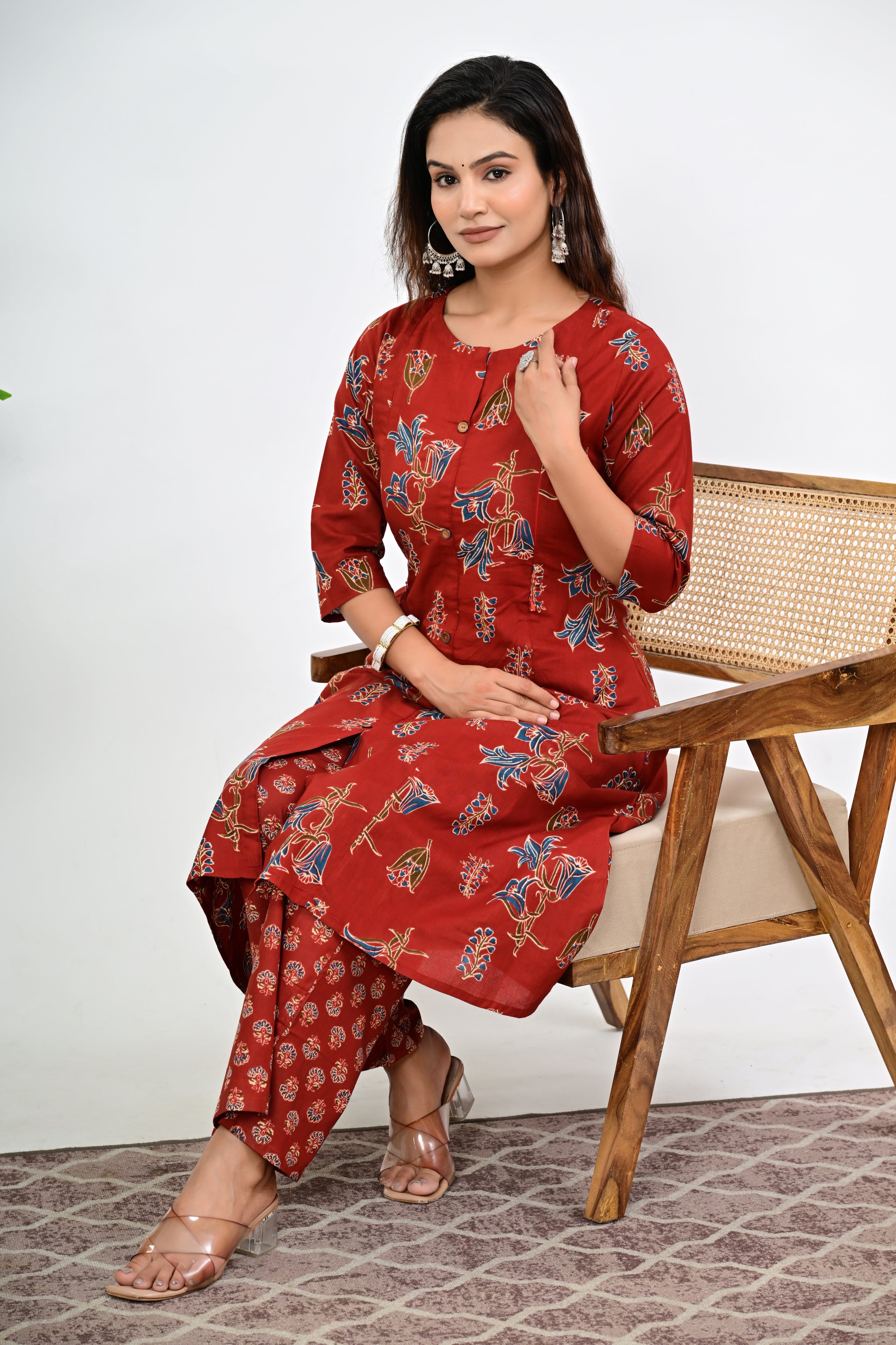 Mumzhug Maroon Colored Pure Cotton Jaipuri Multi Floral Print Feeding Kurta