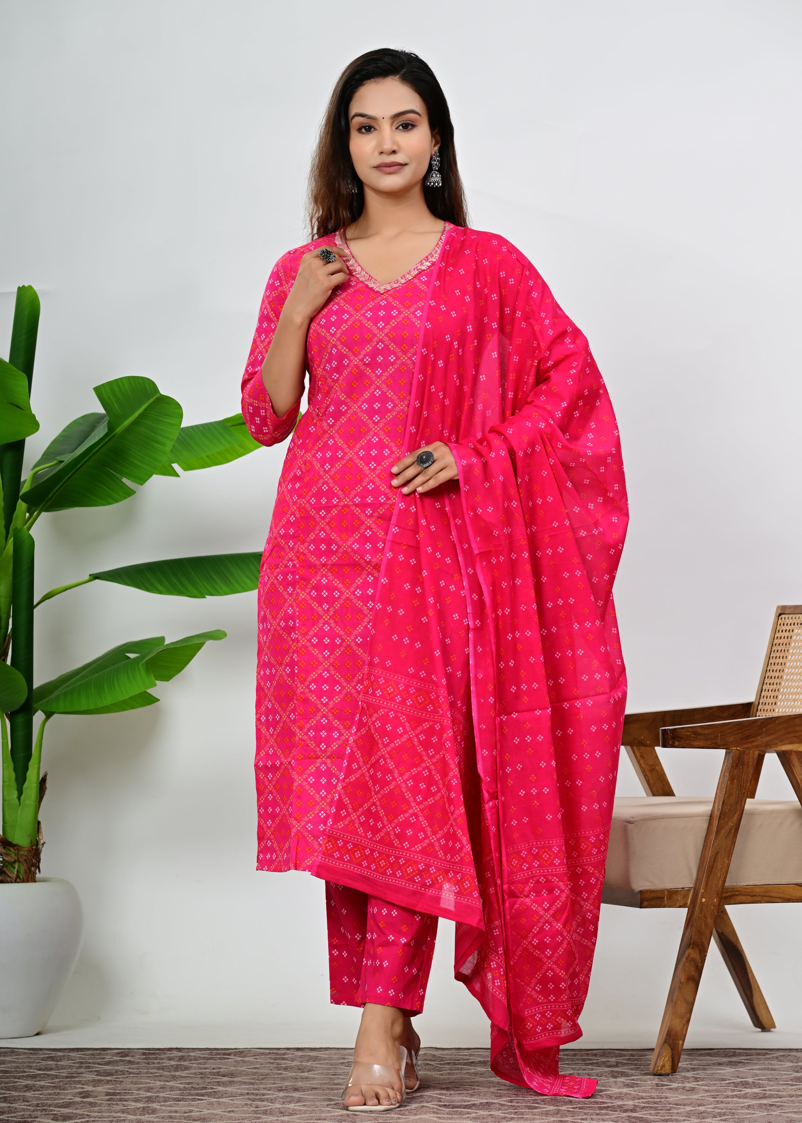 Pure Cotton Fuchsia Colored Feeding Kurta Pant and Dupatta Set