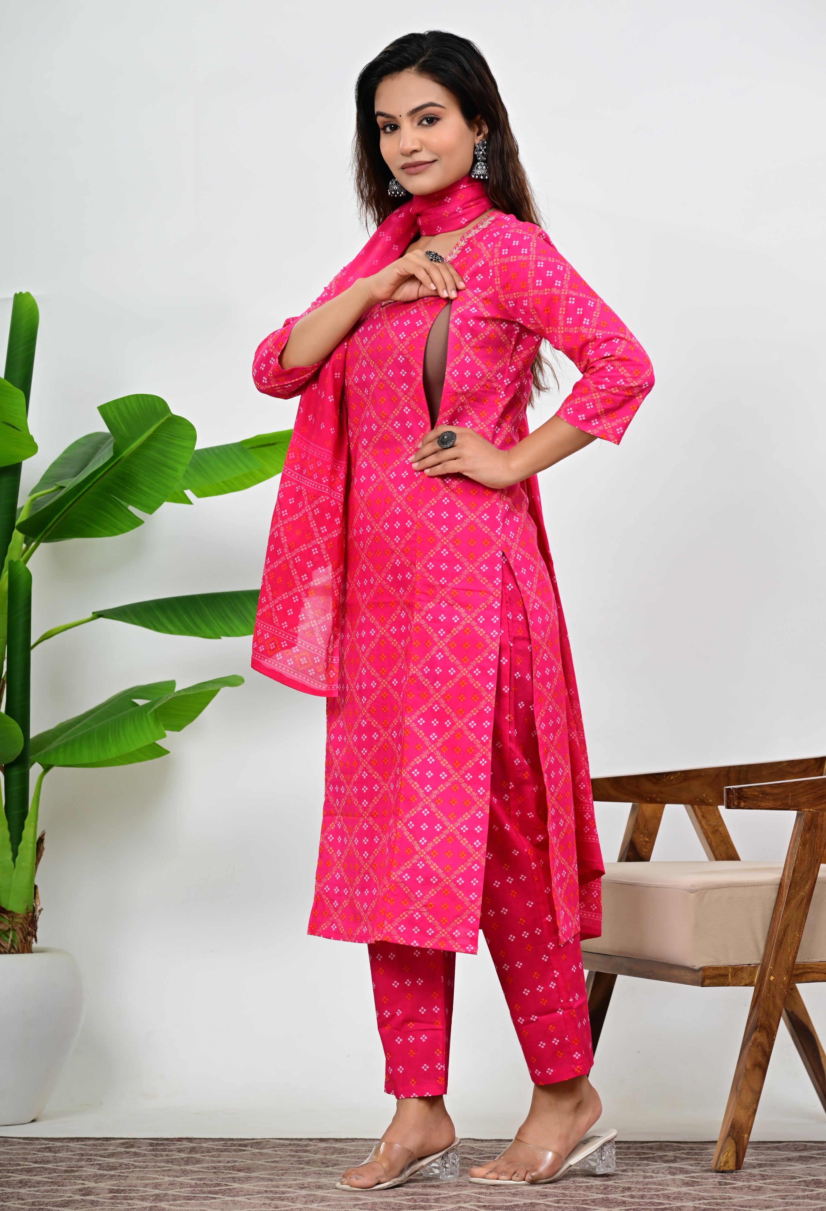 Pure Cotton Fuchsia Colored Feeding Kurta Pant and Dupatta Set