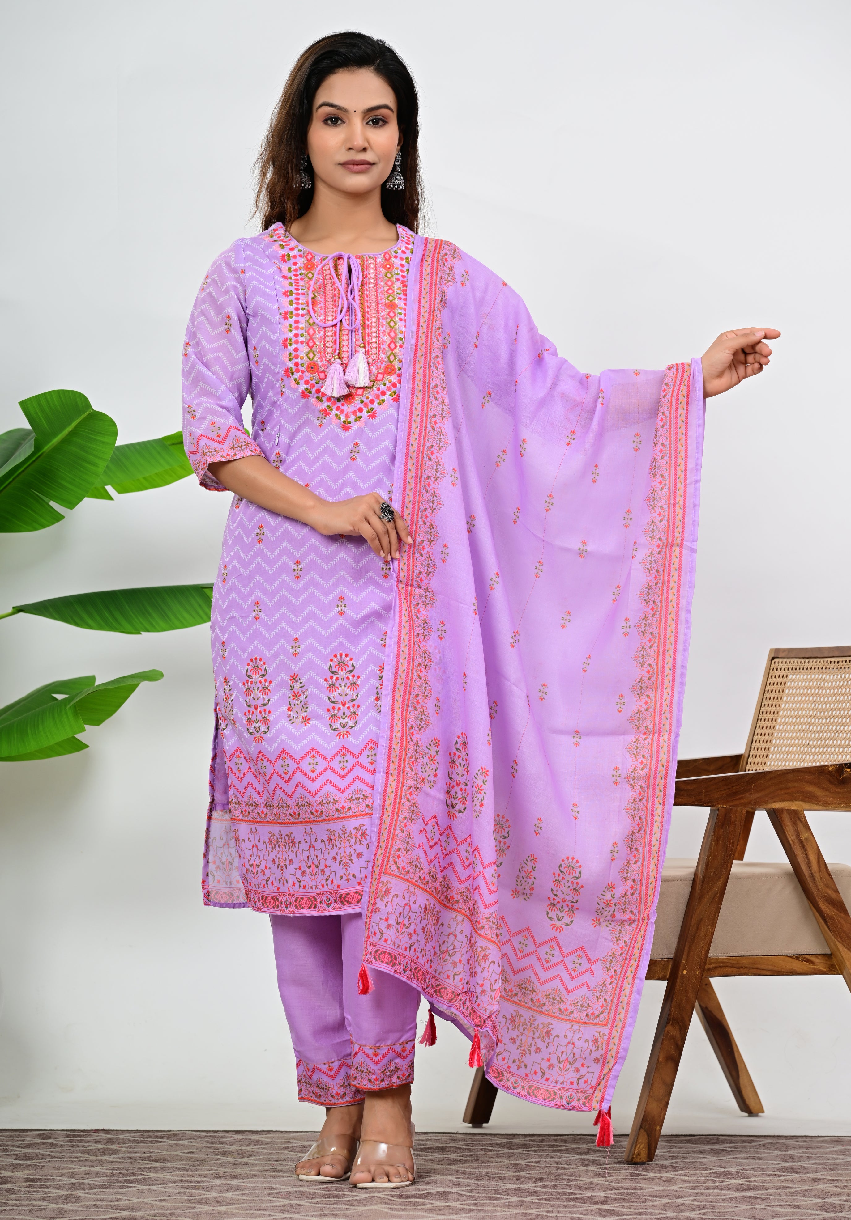Mumzhug Blend Cotton Detailed Embroidered Kurta Pant and Dupatta Set with Attached Lining