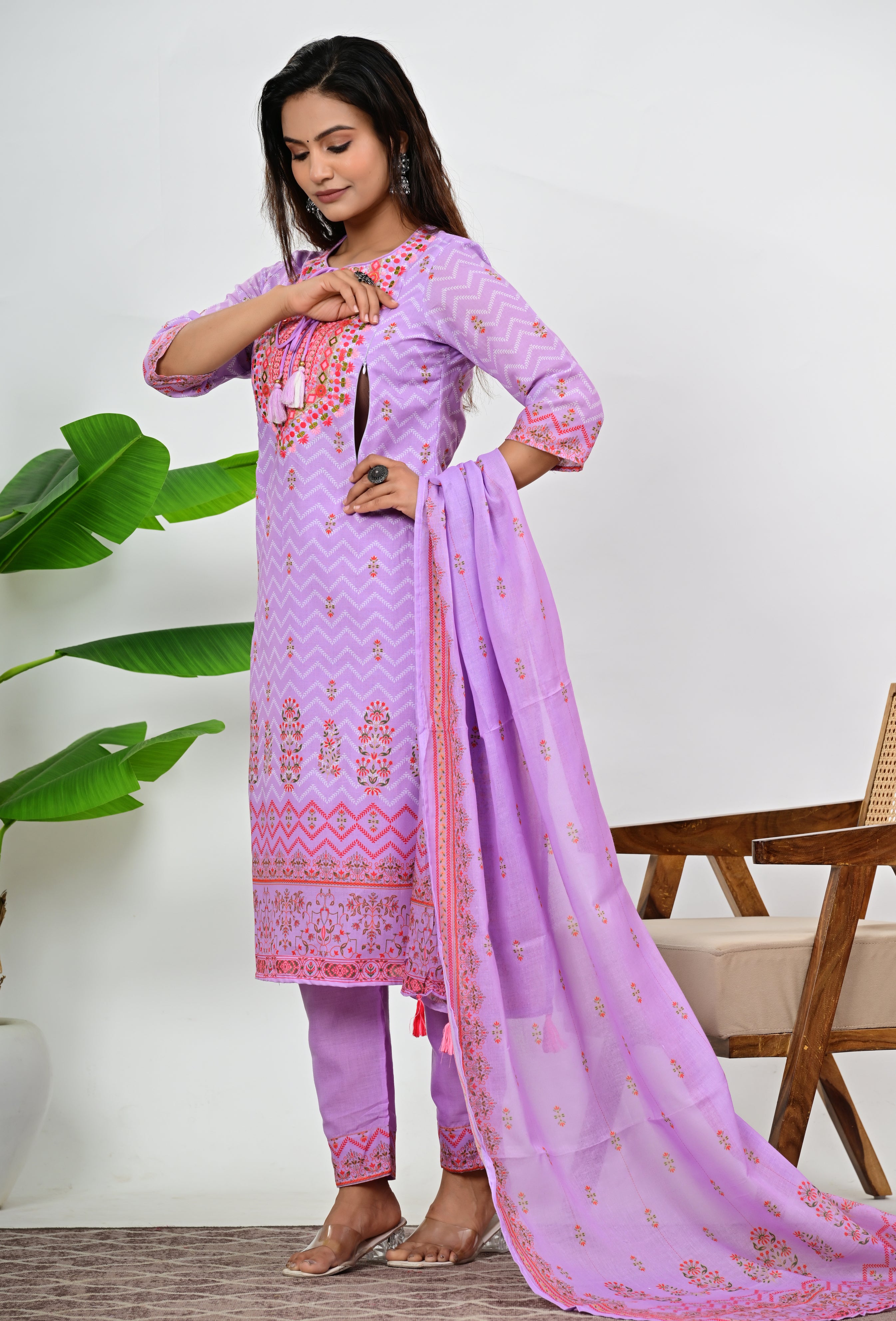 Mumzhug Blend Cotton Detailed Embroidered Kurta Pant and Dupatta Set with Attached Lining