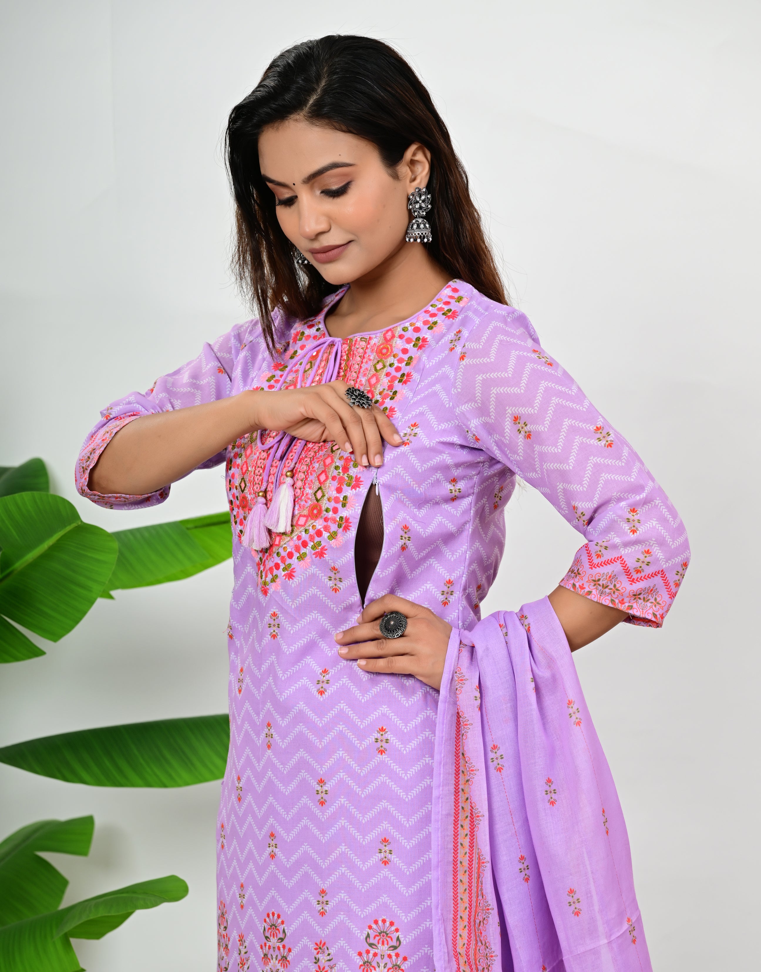 Mumzhug Blend Cotton Detailed Embroidered Kurta Pant and Dupatta Set with Attached Lining